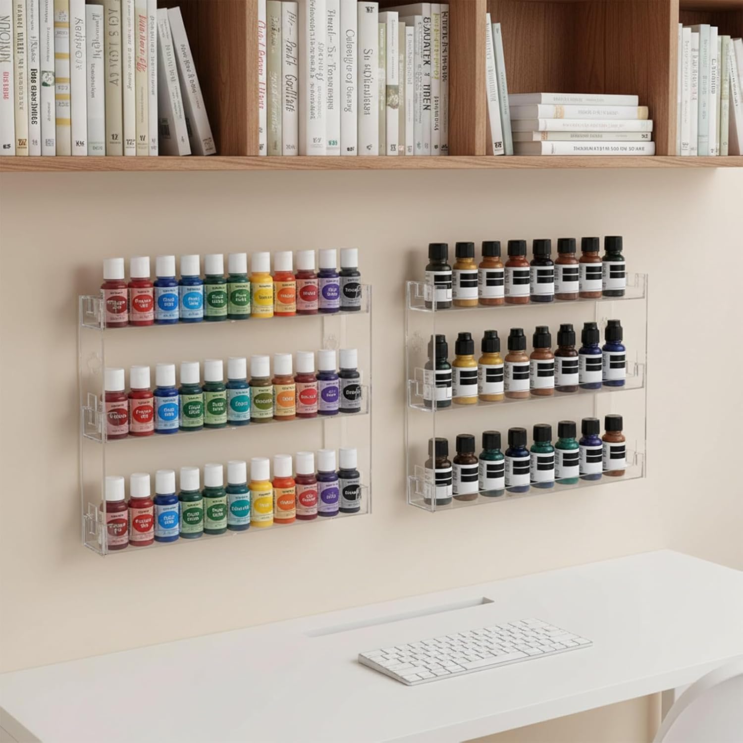 3 Pack 3-Tier Display Rack, Wall-Mount Acrylic Paint Organizer Shelf for 2oz Bottles, Nail Polish, Miniatures, No Drill Installation, Clear Craft Storage Holder