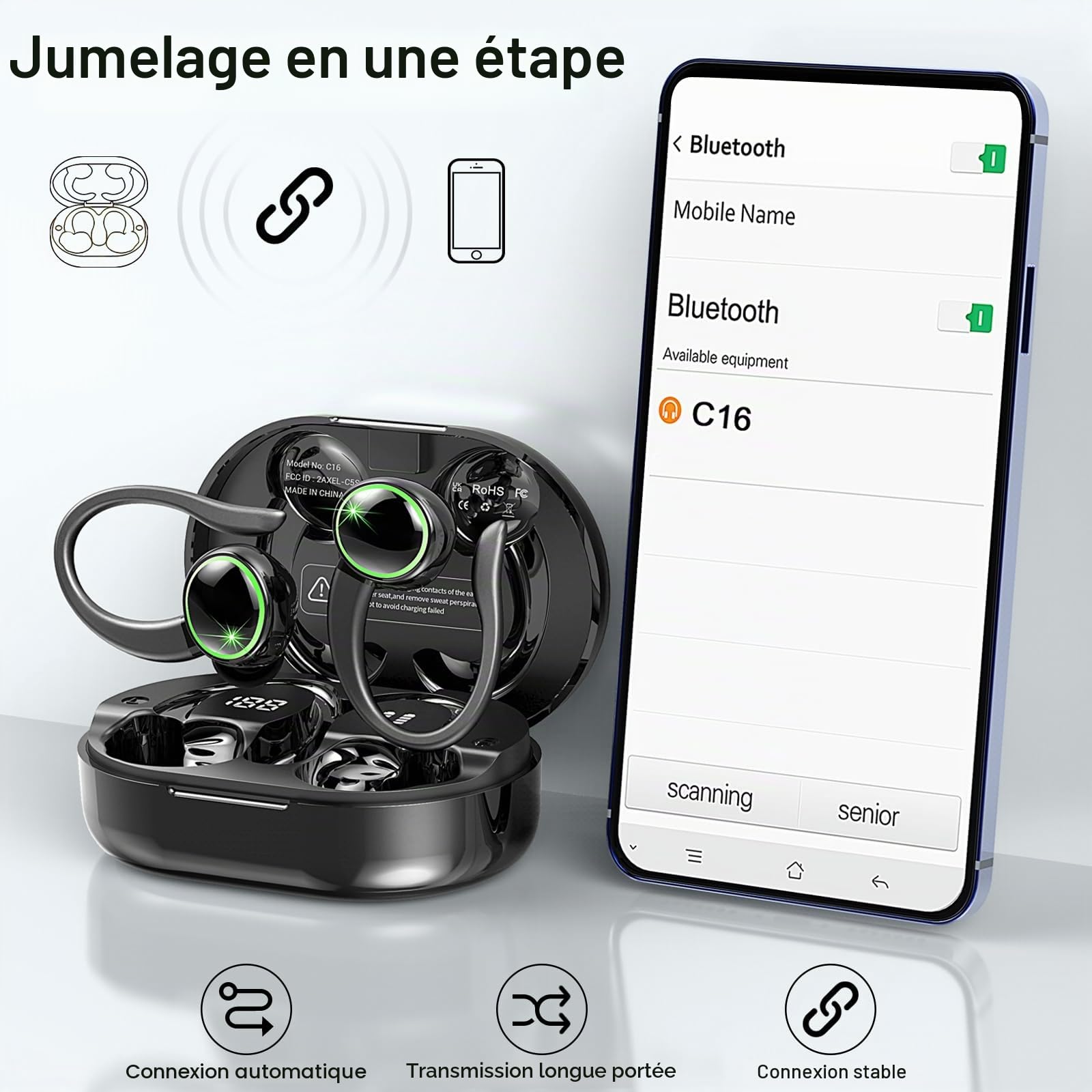 Ecouteurs Bluetooth sans Fil Sport, 2026 Écouteur Bluetooth 5.4 avec HiFi Stéréo, 50H Écouteur Bluetooth 4 ENC Réduction Bruit Mic, IP7 Étanche Oreillette Bluetooth, Écran LED Casque pour Running