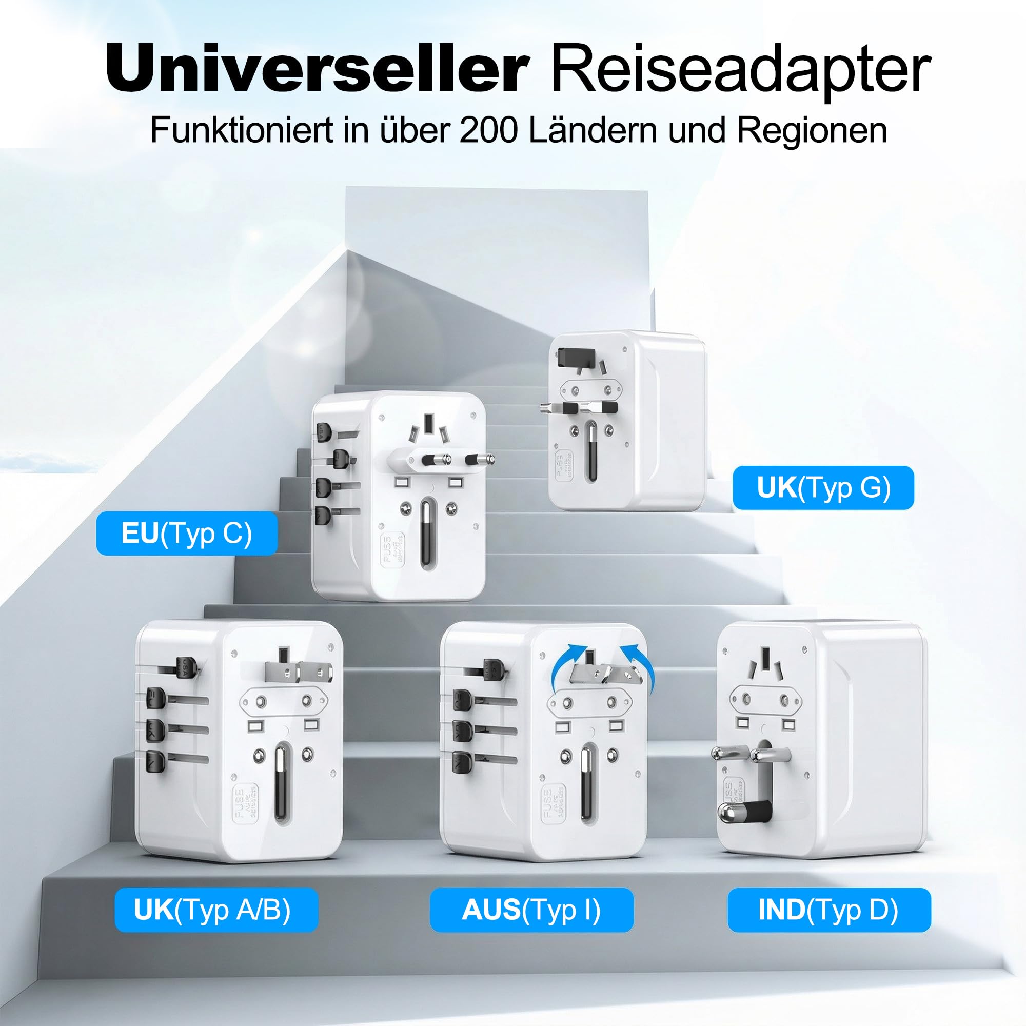 VYLEE Reiseadapter Weltweit, Typ G/D/A/I/C, Universal Reisestecker mit 2 USB A + 2 USB C,Internationaler Steckdosenadapter,Universaladapter für USA England Japan Malediven Sri Lanka Australien,Weiß
