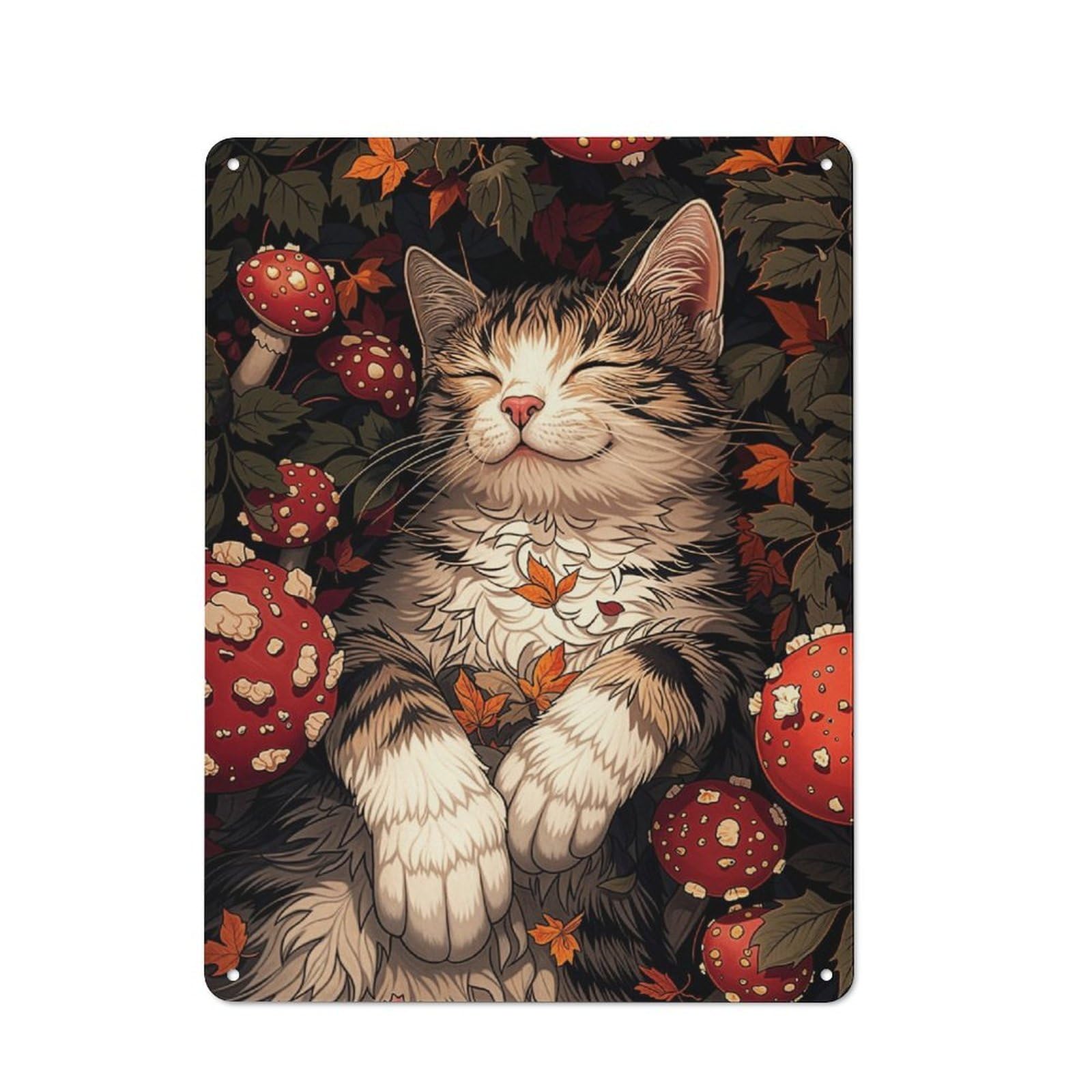 Junmoney Cat Sleeping In Autumn Leaves Tin Sign 40X30cm For Café Or Home Bar, Rustic Wall Decor, For Garage, Workshop And Man Cave Decoration