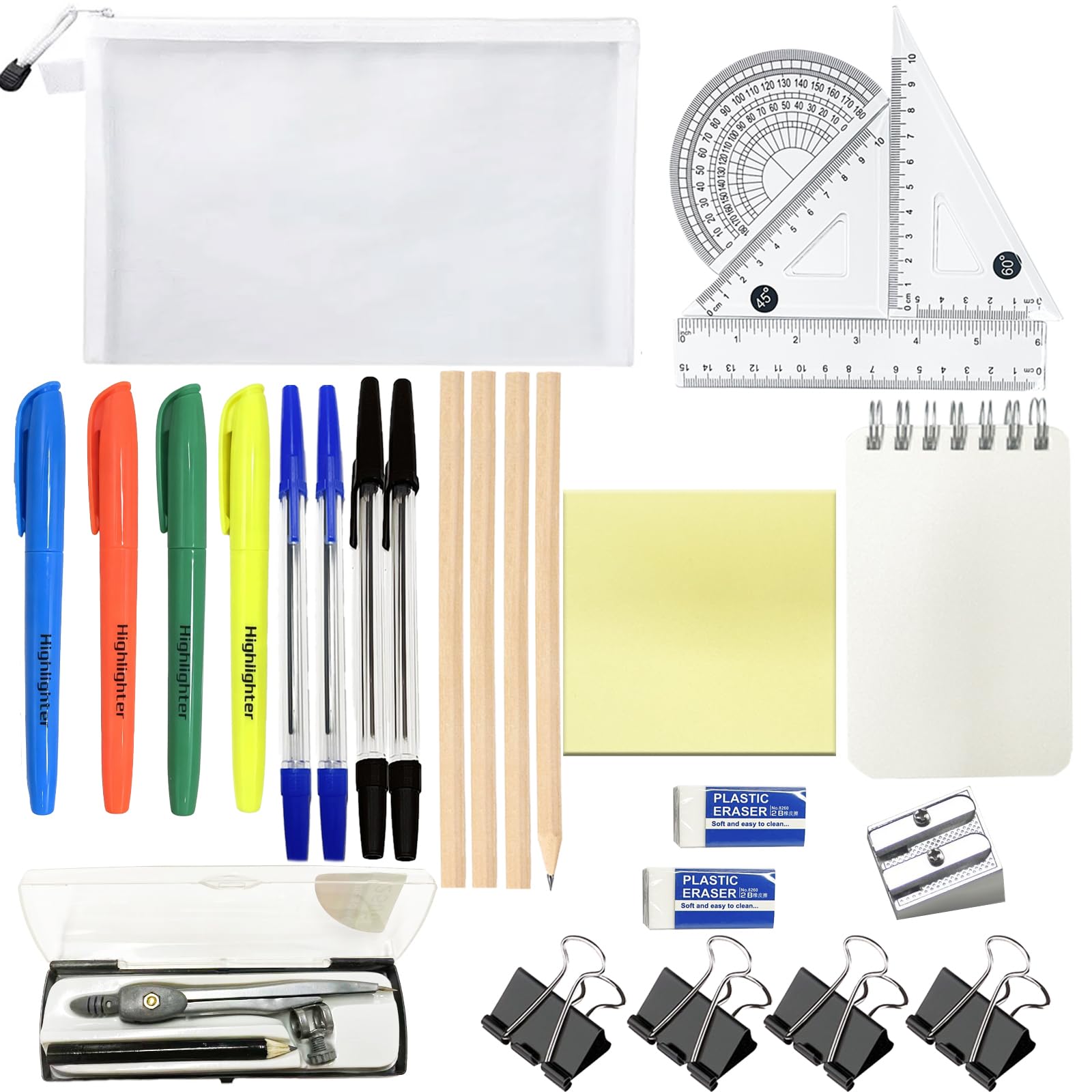 Libomzee 27 Pcs Back to School Stationery Set, Maths Set with Clear Pencil Case, Assorted Stationery Pack with Ballpoint Pens, Highlighters, Pencils, Foldback Clips, Ruler Set, Compasses