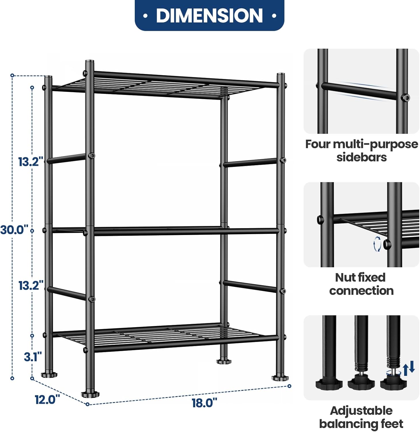 Abiglifty Storage Shelves, 3-Tier Metal Shelving, Wire Shelving with Adjustable Leveling Feet, Shelf Organizer for Bathroom, Closet, Garage 3tier