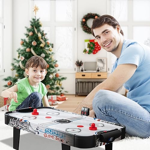 Miniatura 7 de Giantex Mesa de hockey de aire de 42 pulgadas, con 2 discos, 2 huelgas, puntuación electrónica LED, potente motor de 12 V, portátil, juego de hockey