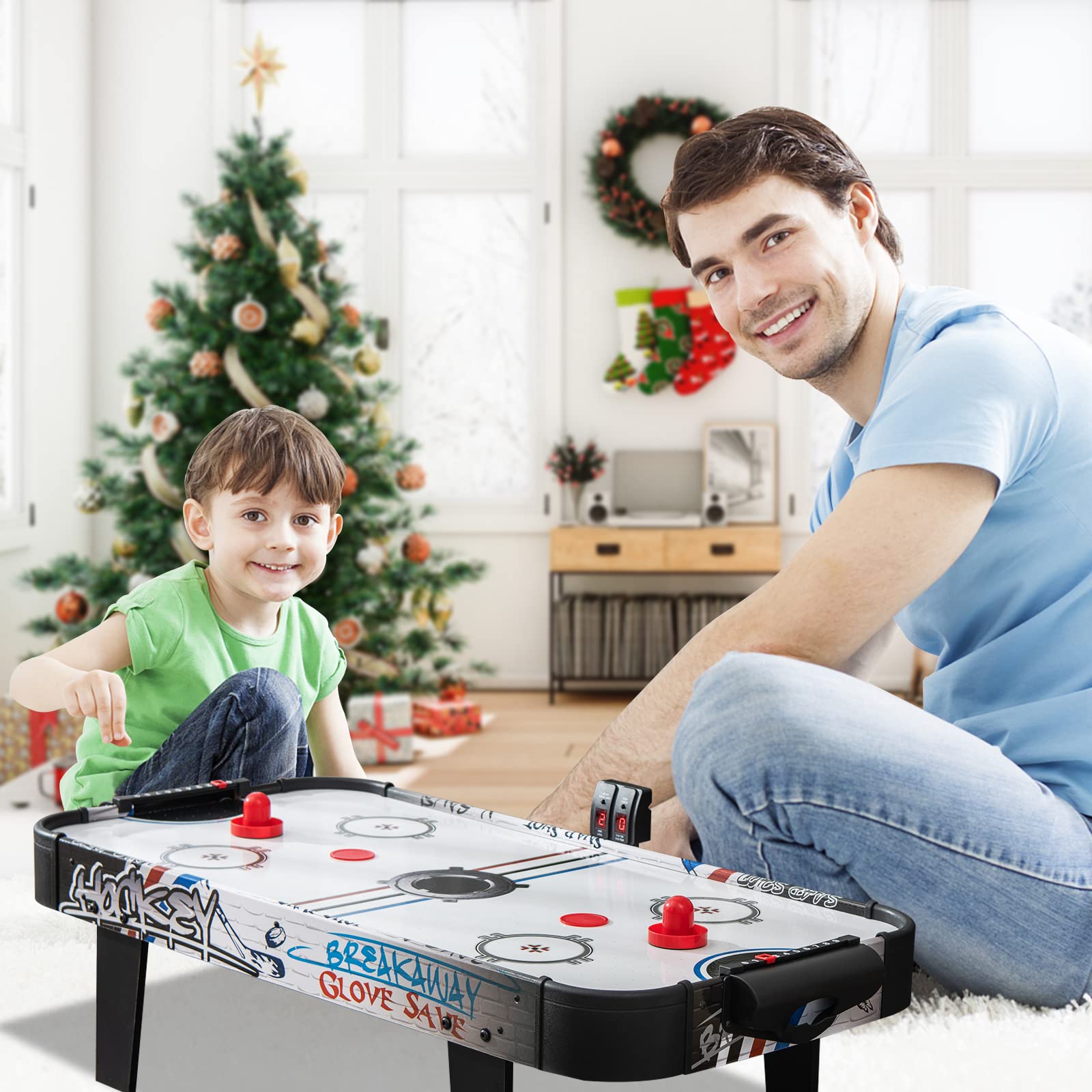 GOPLUS Airhockey Tisch, 42 cm Air Hockey Spieltisch mit Elektronischem Punktezähler & Motor, Lufthockey Tisch inkl. Pucks & Pushers & Tor, Tischhockey aus Holz, für Kinder & Erwachsene, für Zuhause