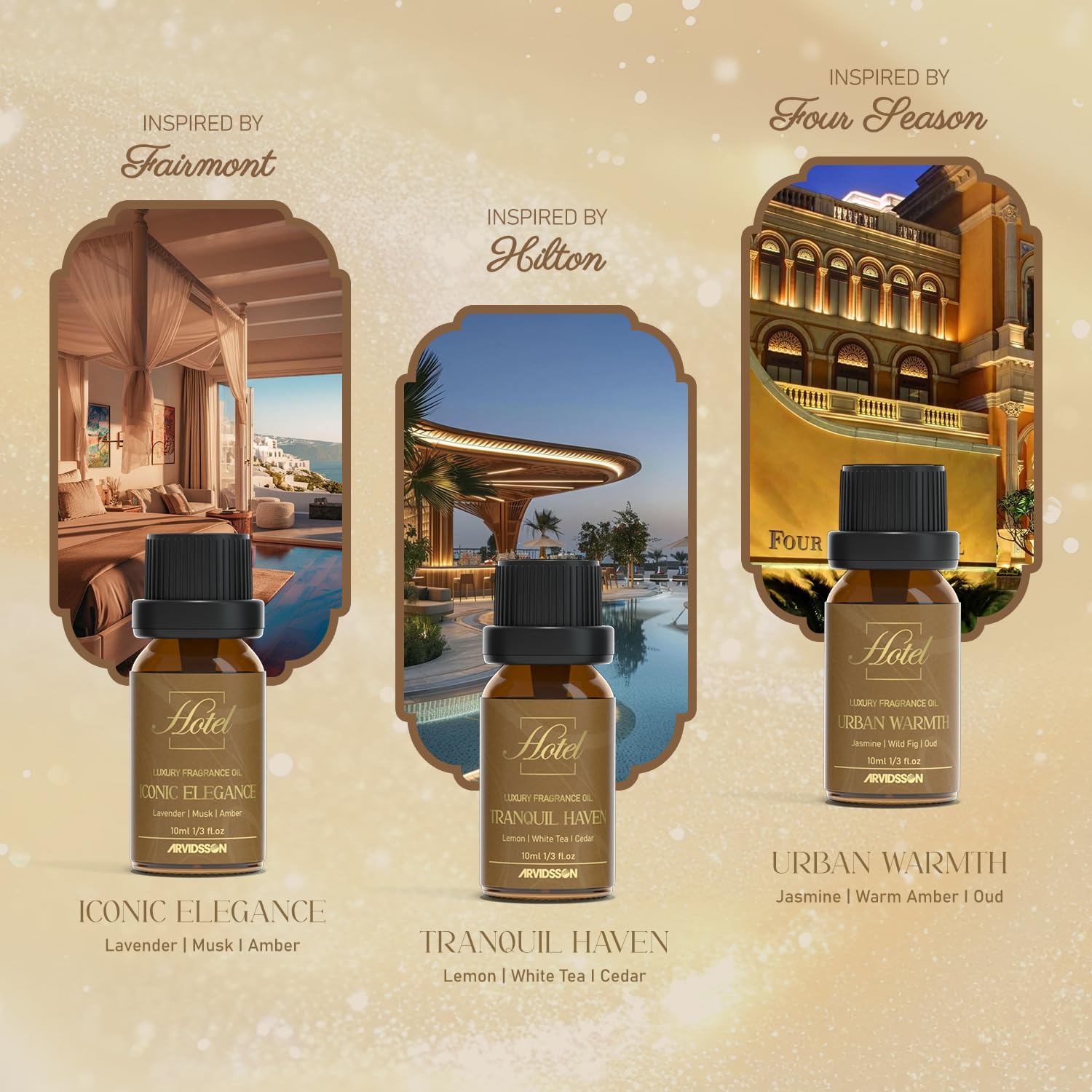 ARVIDSSON - Juego de regalo de aceites difusores de hotel, aceites esenciales para difusor, juego de aceites aromáticos de lujo, inspirado en hoteles de 5 estrellas, incluyendo Hilton, cuatro