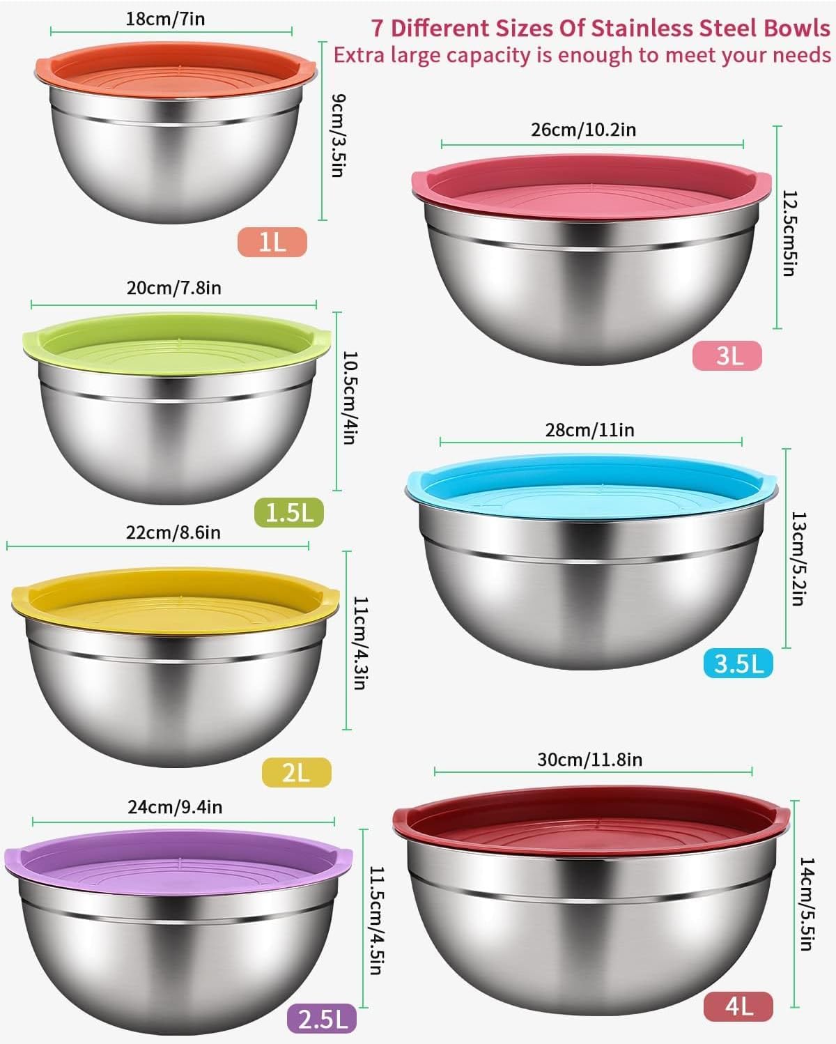 7 pièces bols à mélanger, Bol Acier Inoxydable avec Coloré Couvercles, Saladier, Bols de Service, Bol cuisine multifonctionnel pour le stockage et le mélange, Empilable, Passe au Lave-Vaisselle