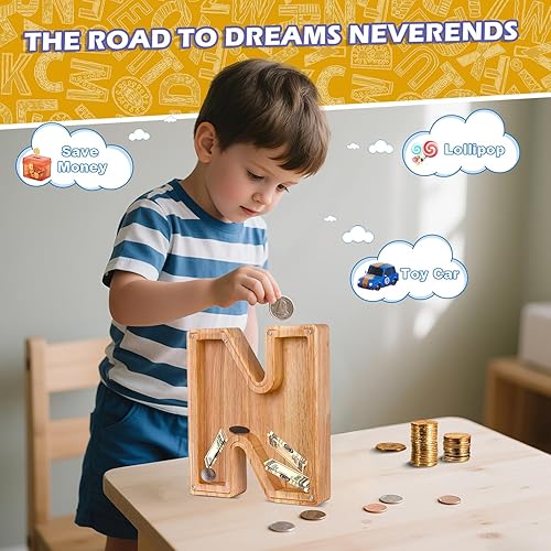 Miniatura 78 de Alcancía de madera con letras de madera, alcancía para niños y niñas, grande, 26 letras del alfabeto, banco de dinero personalizado con nombre