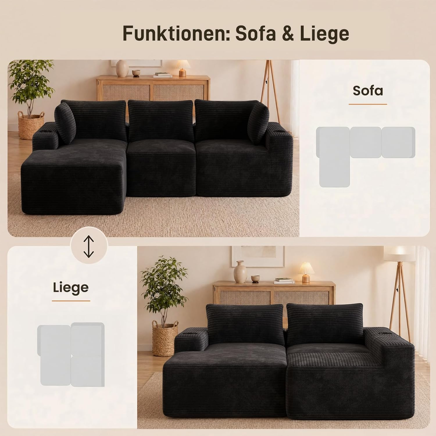 HAUSPROFI Sofá esquinero con función de Dormir, Modular en Forma de L con Funda de Pana – 3 plazas con Recamiere, se Puede Utilizar como sofá Cama de 2 plazas, Embalaje al vacío