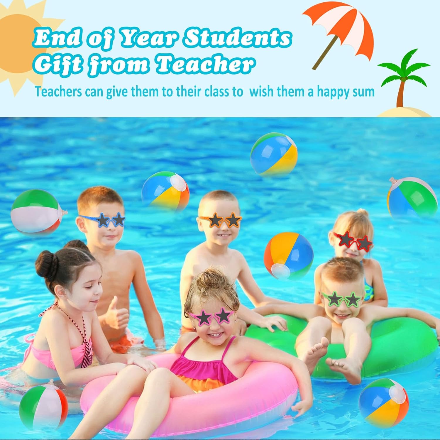 24 Set Summer Pool Party Favors End of Year Students Gift from Teacher Bulk Beach Bucket and Shovels Beach Ball Sunglasses Set Preschool Kindergarten Graduation Gifts for Kids(Classic)