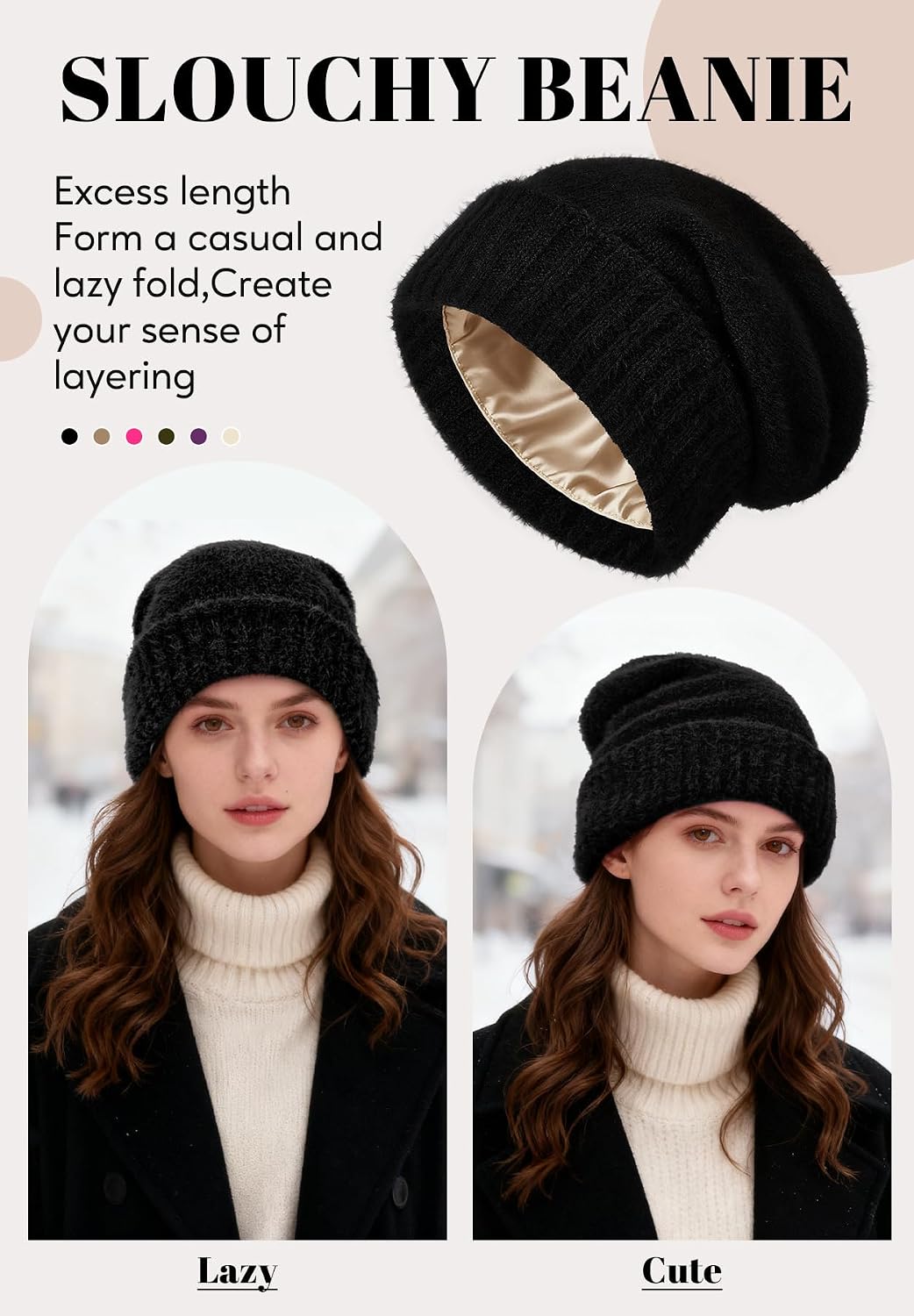 Zando Satin Lined Slouchy Beanie for Women, Hair Protection Winter Hat | Prevents Frizz & Breakage, Extra Room & High Stretch for Thick & Curly Hair, Warm & Soft Knit for Travel, Daily Outdoor Wear.