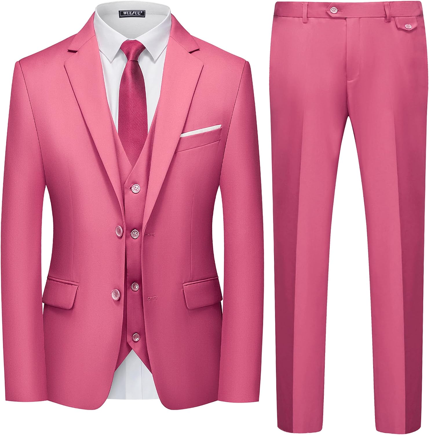 WULFUL Men's 3 Piece Slim Fit Suit Set Two Button Blazer Jacket Vest Pants Tuxedo Set for Party, Wedding and Business Pink