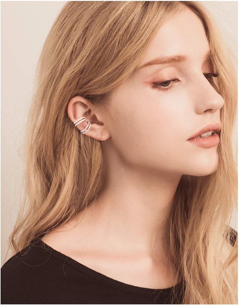 Birthday Gifts 925 Sterling Silver Ear Cuff Non Pierced Cuffs Hoop Huggie Earrings for Women Girls- Set of 2