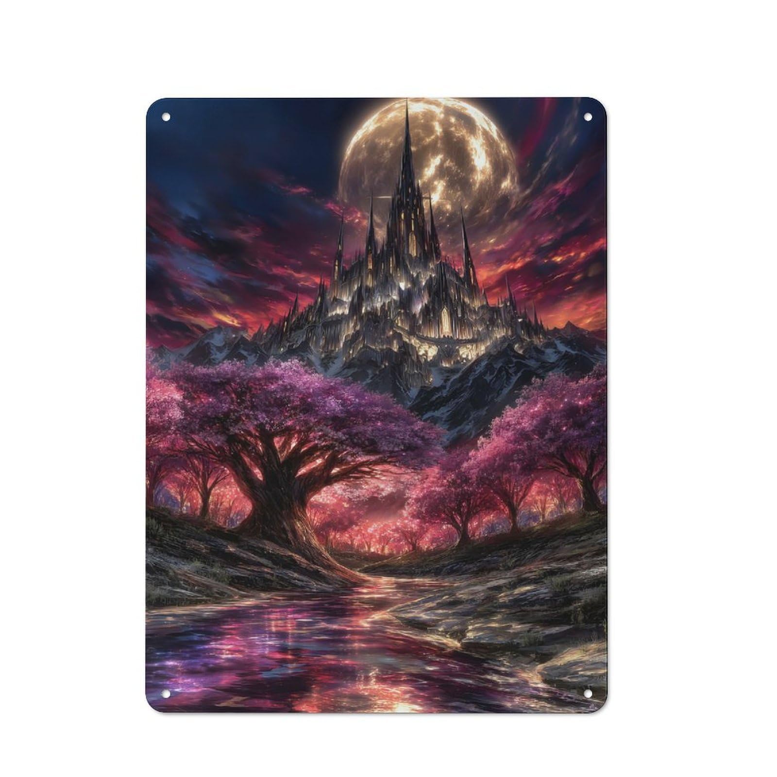 Junmoney Fantasy Castle With Cherry Blossoms Metal Wall Sign 40X30cm Featuring For Bar Or Restaurant, For Restaurant Interior Fans