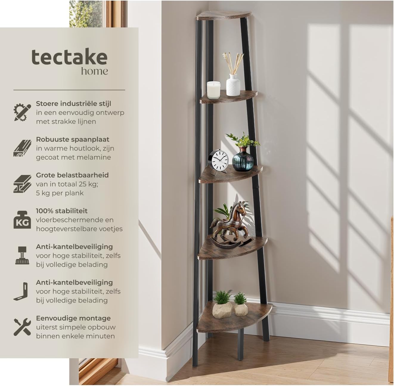 Assembled tectake 5-Tier Corner Shelf Unit in a living room corner, displaying decorative items.