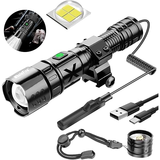 WholeFire Bright Flashlights with Picatinny Rail Mount - 10000 High Lumens Flashlight USB Rechargeable Waterproof LED Flashlight for 2 Pressure Switch Included, 5 Modes, Adjustable Focus