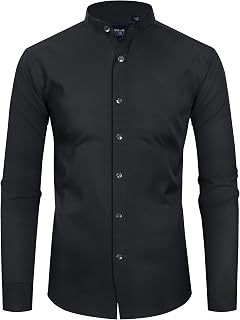 Alimens & Gentle Men's Wrinkle-Free Banded Collar Dress Shirt - Long Sleeve Mandarin Collar Button Down Oxford Shirt