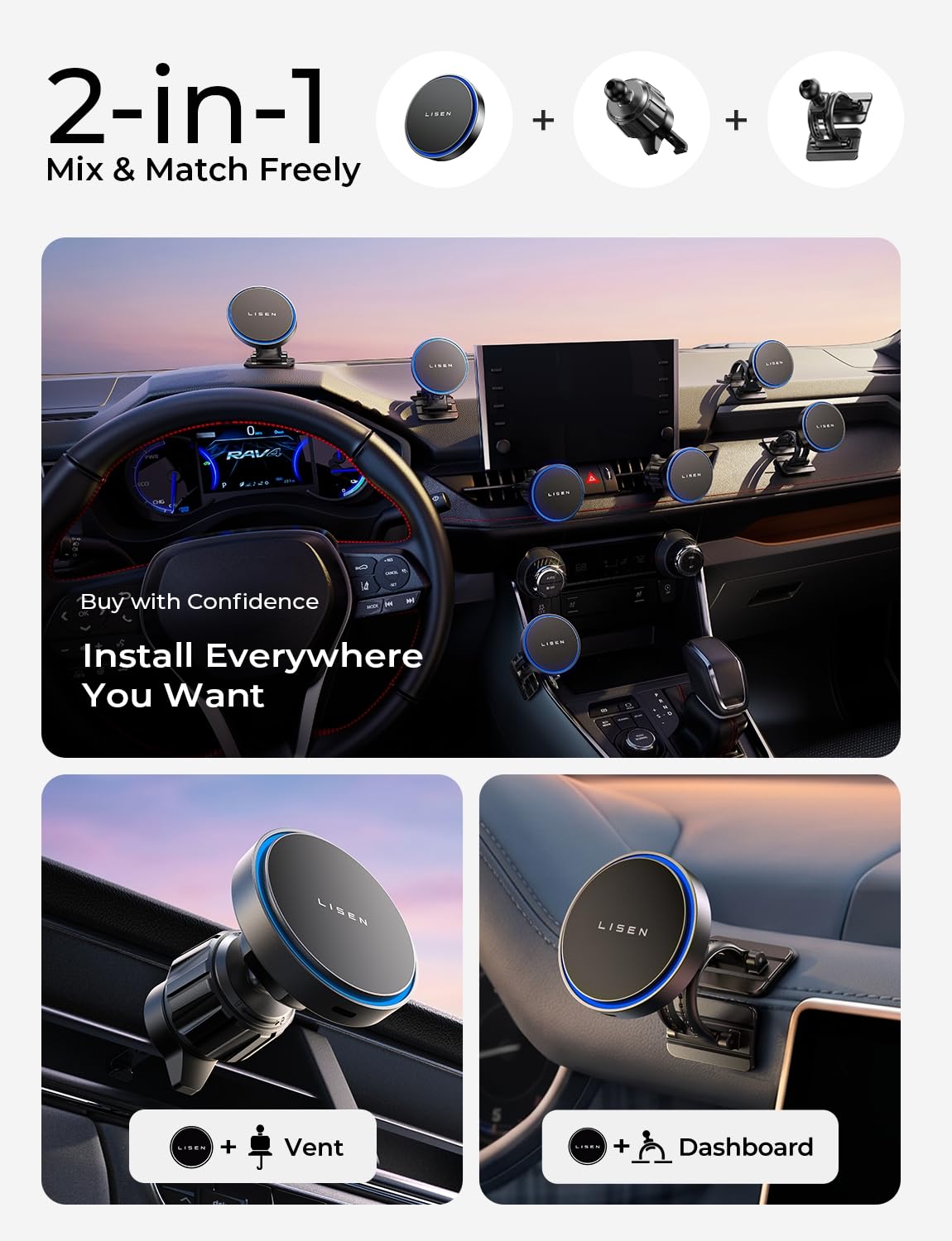 LISEN 15W MagSafe Car Mount Charger, Magnetic Phone Holders for Your Car view 2