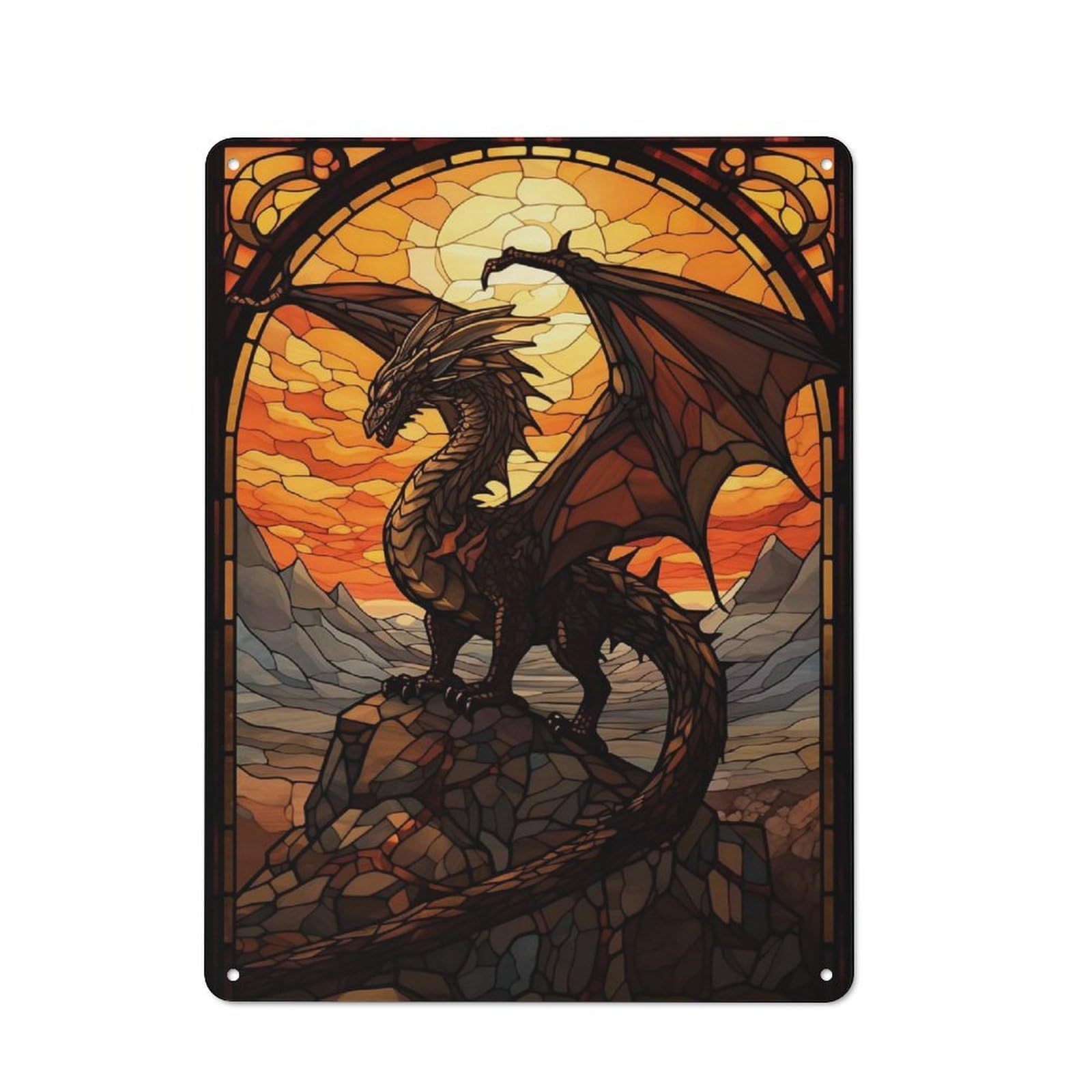 Junmoney Style-20 Old Style Dragon Stained Glass Metal Sign 40X30cm, Bar Wall Plaque For Diner, Restaurant, Shed Or Kitchen