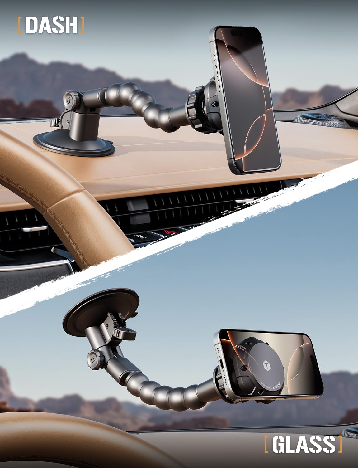 ToughTested MagTough Python MagSafe - Soporte magnético para coche, salpicadero y parabrisas, con ventosa de bloqueo de presión para iPhone 17 Pro Max 16 15 14 13 12