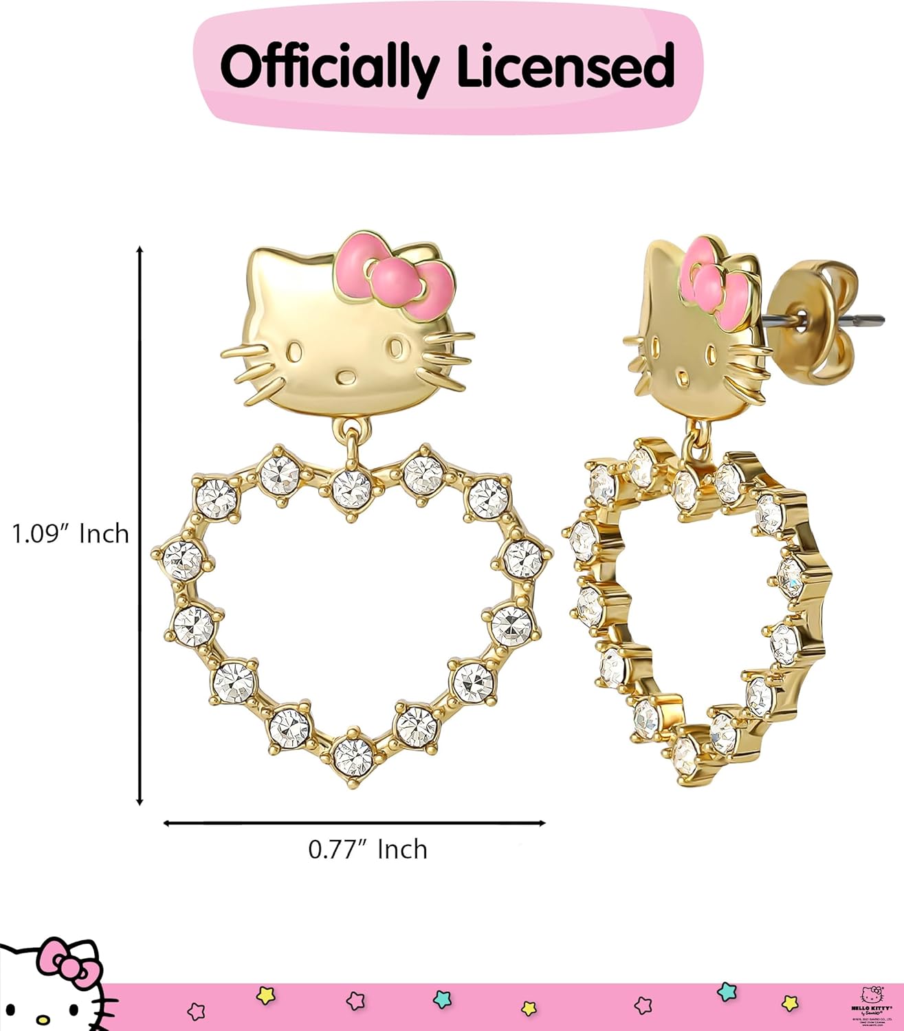 Hello Kitty Earrings for Women with Pave Crystals Official License, 18k Gold Flash-Plated Hello Dangle or Hoop Earrings