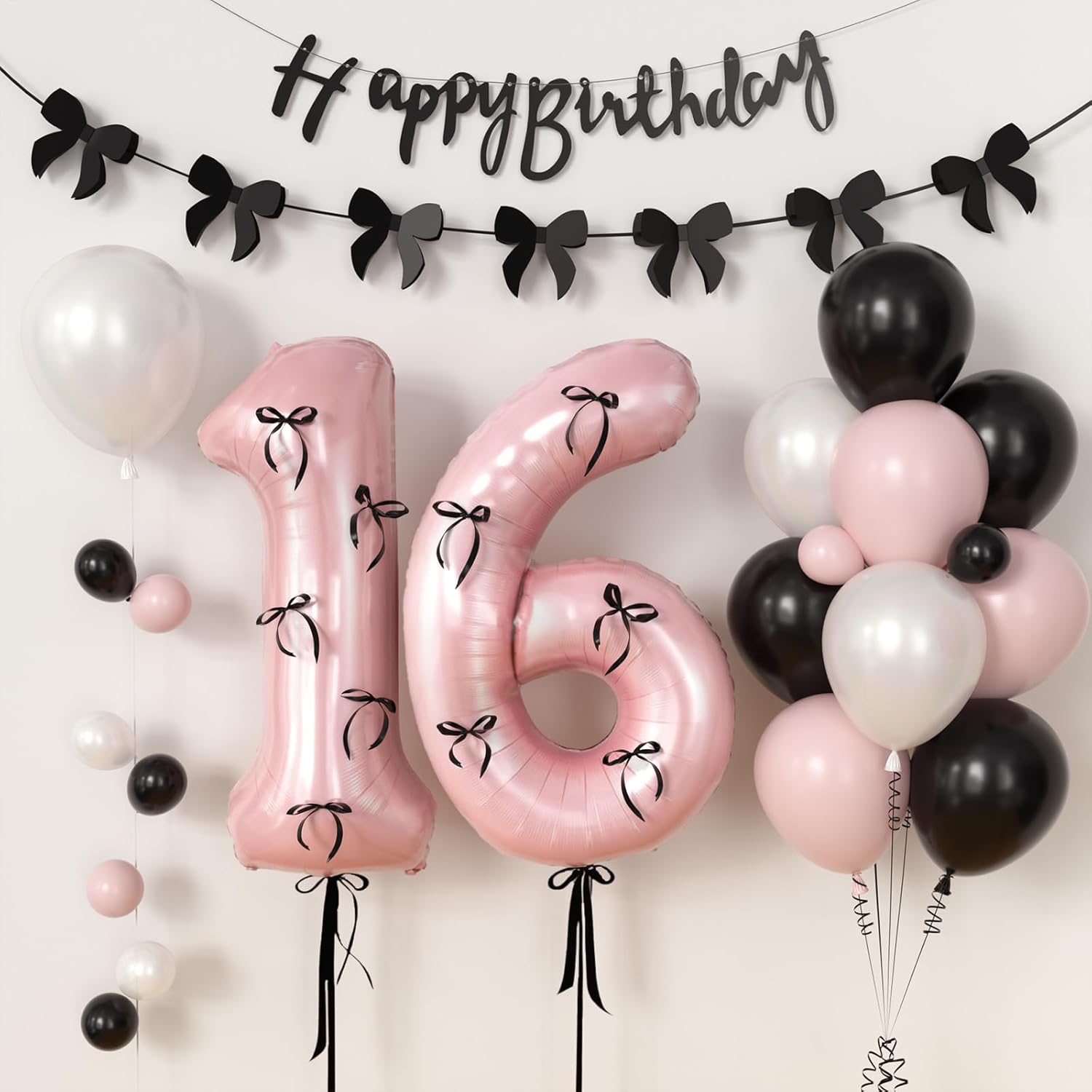 38Pcs Happy 13th Birthday Decorations for Girls White Pink and Black Birthday Balloons/13 Balloon Numbers/Black Happy Birthday Banner/Butterfly Banner, 13 Year Old Girl Birthday Party Decor Supplies