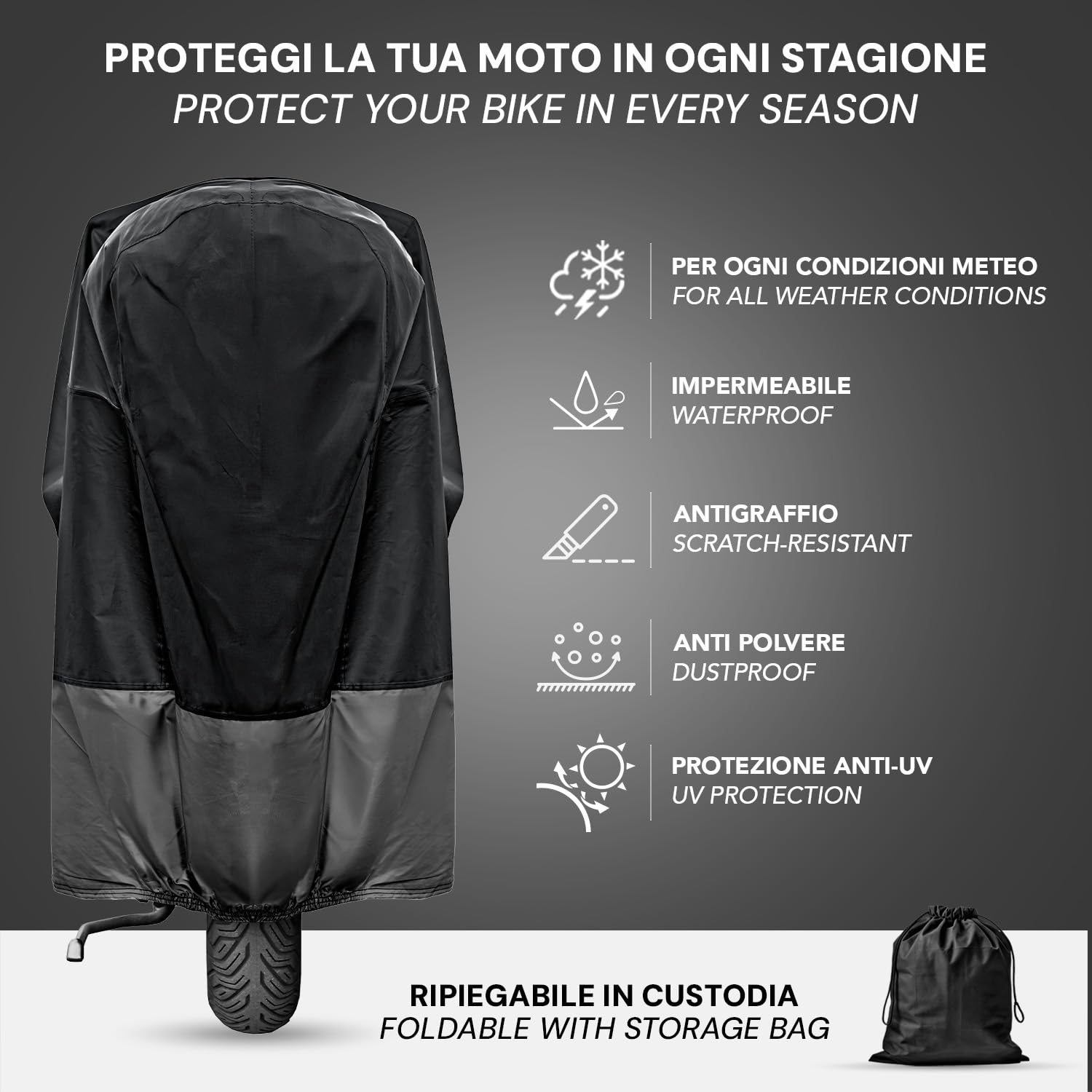 PERLETTI Telo Coprimoto Impermeabile Esterno Interno - Copertura Moto Scooter Universale Inserti Catarifrangenti - Protezione Raggi UV Pioggia Ghiaccio Polvere Fibbia Antivento (240x105x125cm)