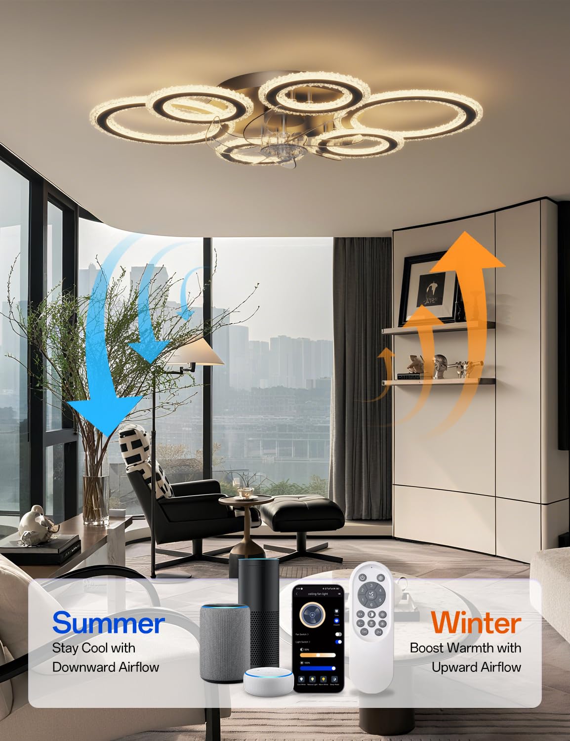 Deckenventilator mit Beleuchtung Smart und Dimmbar, Alexa & App Steuerung via Bluetooth (Kein WLAN), 6 Ring Deckenlampe mit Ventilator und Fernbedienung für Wohnzimmer, Schlafzimmer, Schwarz