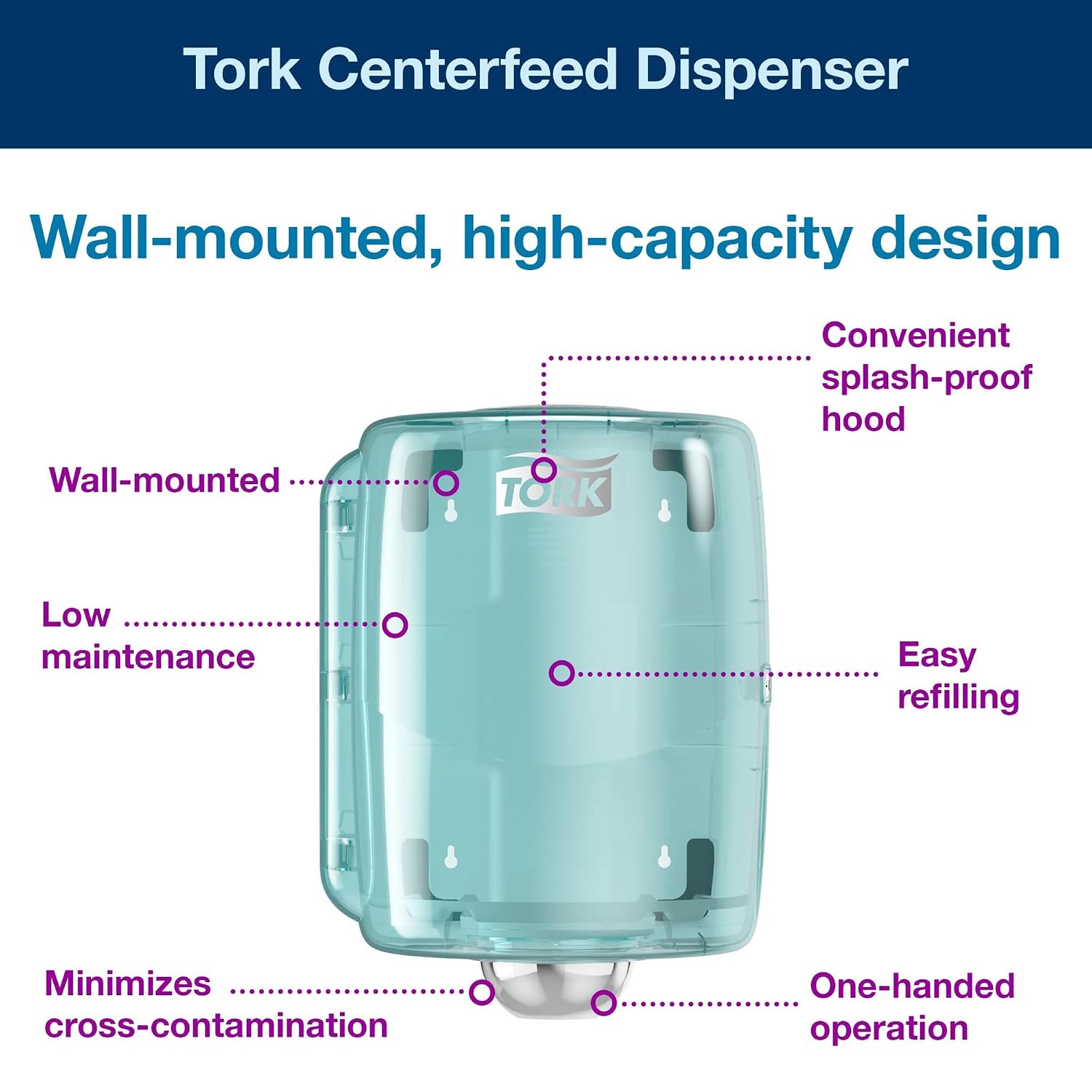 Tork Maxi Centerfeed Roll Dispenser Aqua/White W2, High Capacity, Performance Range, 653020