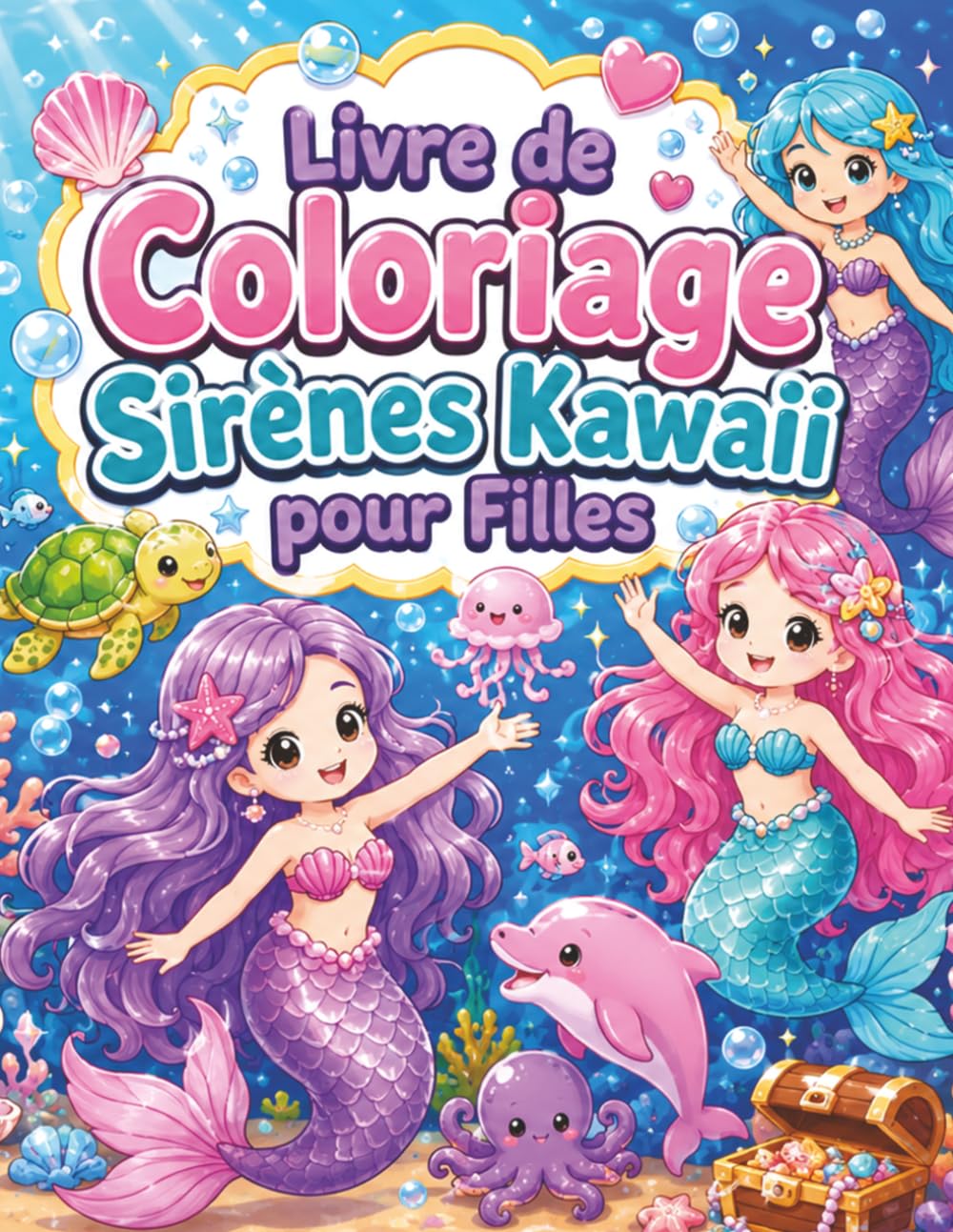 Livre de Coloriage Sirènes Kawaii pour Filles: 50 dessins féeriques sous-marins à colorier dès 4 ans