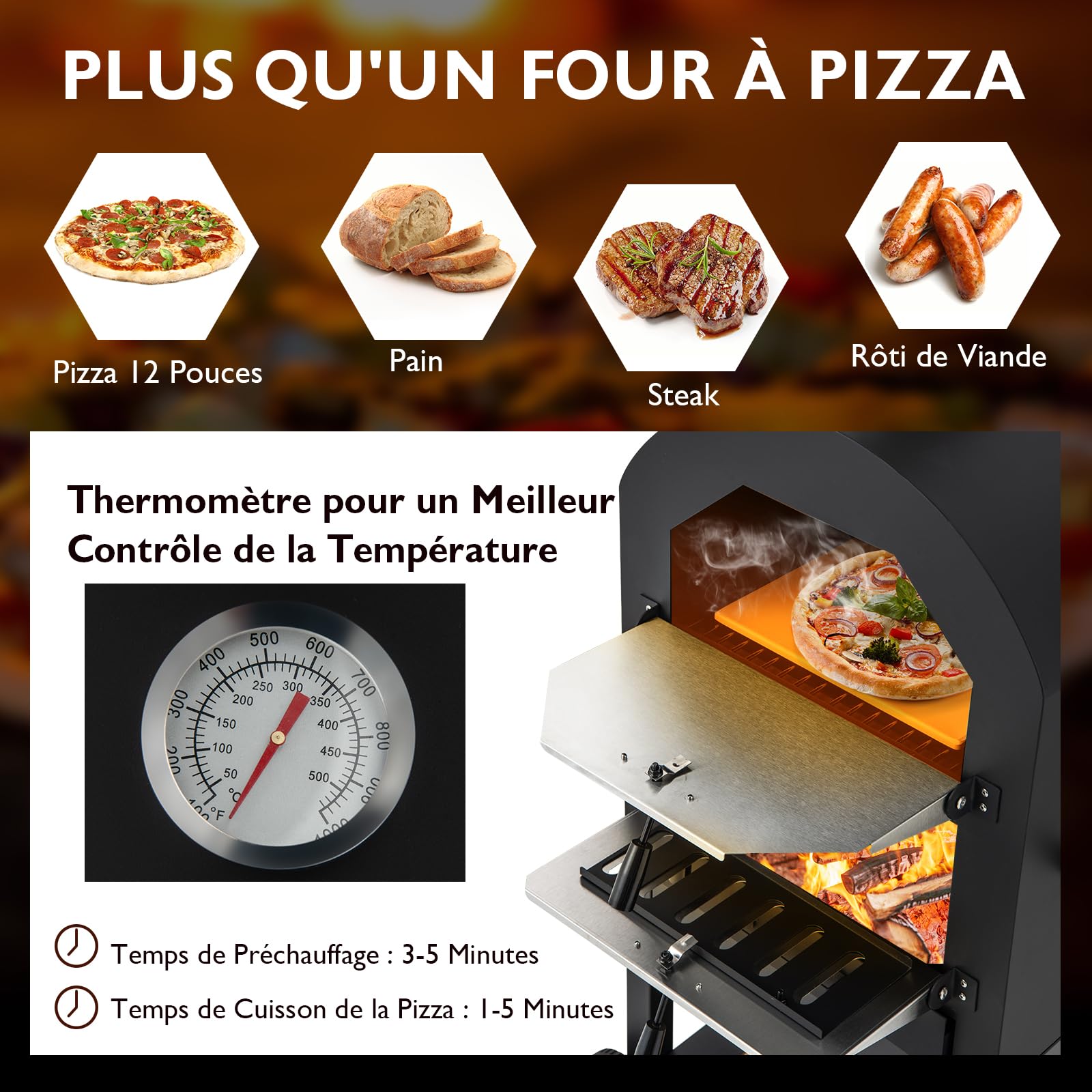 GYMAX Four à Pizza Extérieur 162cm à Bois ou à Pellet, Cuisson Facile avec Thermomètre, Pierre à Pizza, Grilles, Pelle, Accessoires Complets, pour Camping, Fêtes, Barbecues