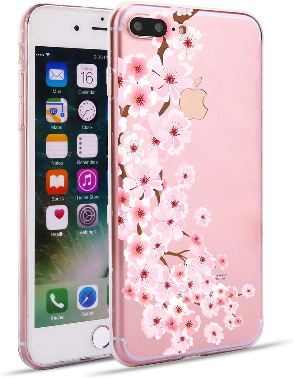 TRENSOM iPhone 8 Plus Clear Flowers C ase iPhone 7 Plus Case Floral Clear Soft TPU Slim Flexible Shockproof Phone Cases for Women Girls-Light Pink Peach Blossom[5.5"]