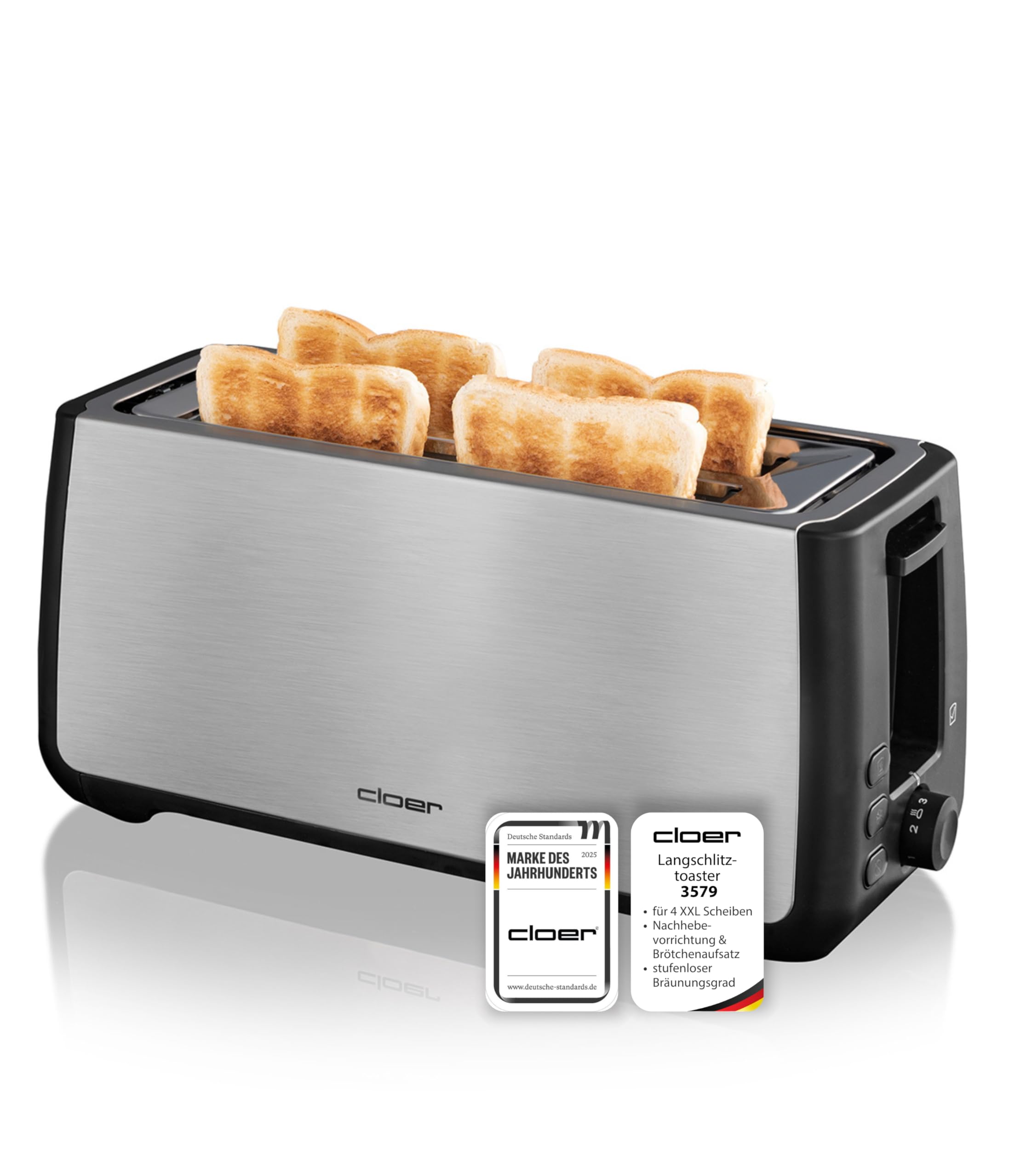 Cloer 3579 King-Size Toaster für 4 XXL Scheiben, Check-Funktion, Edelstahlgehäuse, 1500 Watt, schwarz Kunststoff