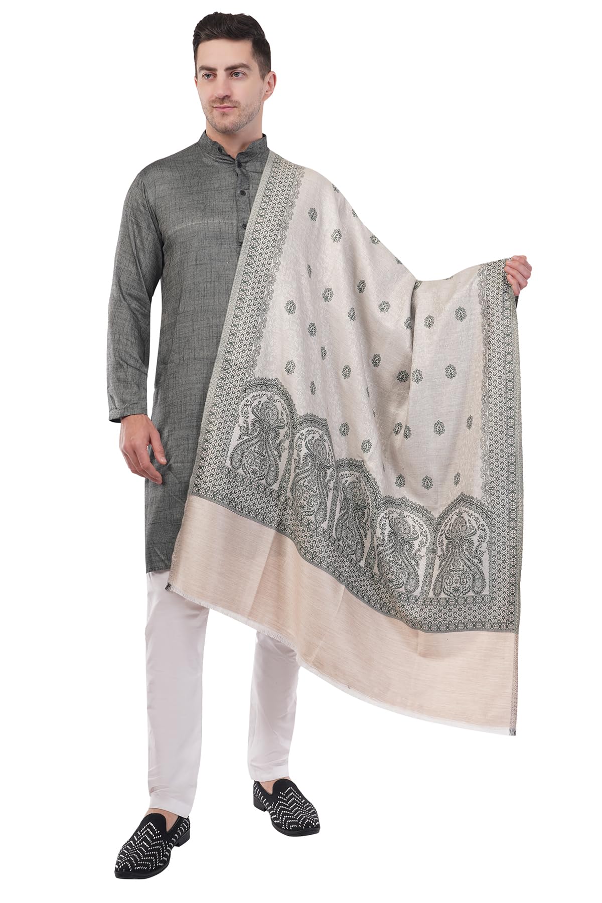 Sethssssss Men's Woollen Warm Kashmiri Acrylic Shawls Meditation Dushala Lohi Stole Solid Color Best Gifts- Green Beige-picture-44