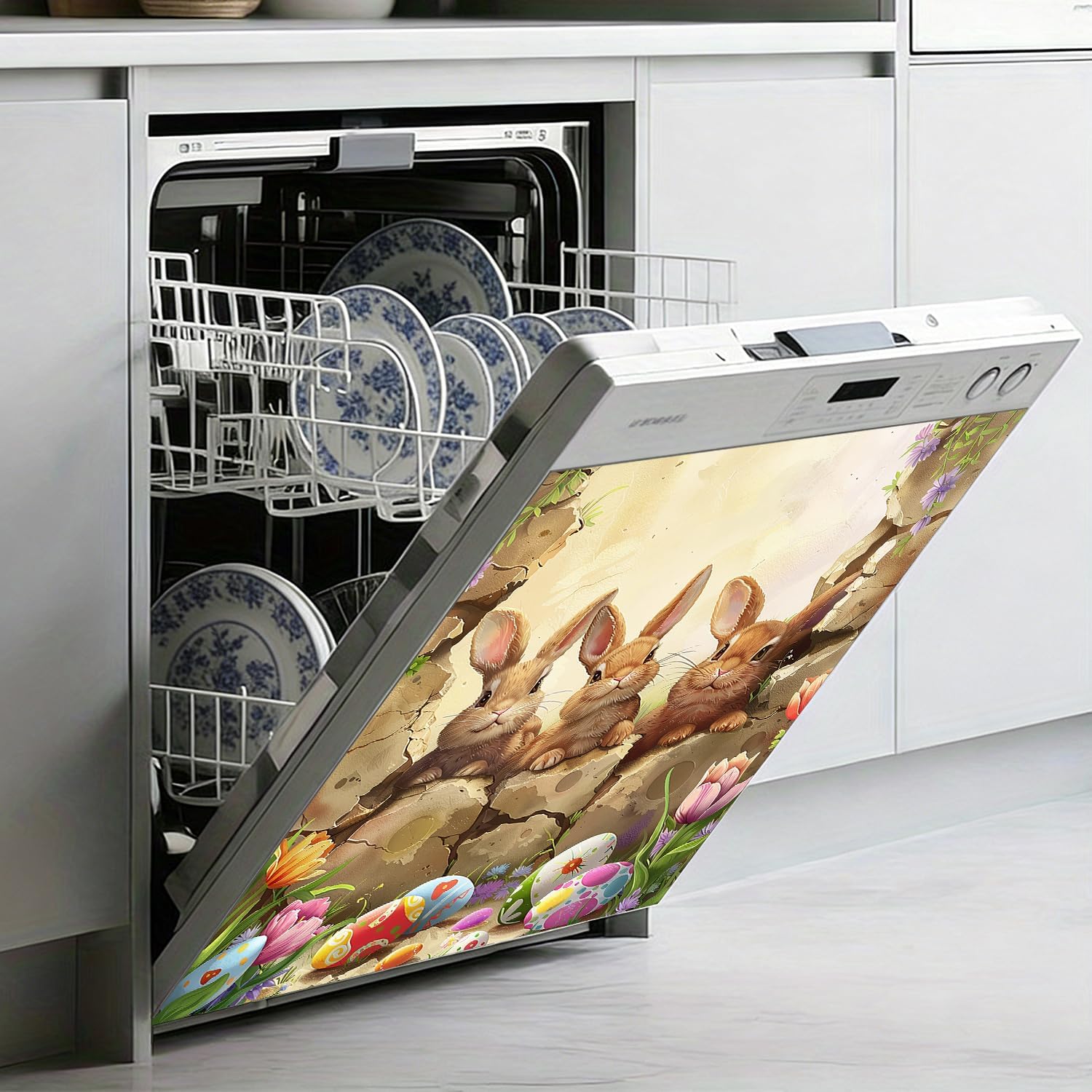 Easter Dishwasher Magnet cover23 x 25.6 Inch - Removable Appliance Panel - for Spring Kitchen Decor (Three Bunnies Stone Wall)