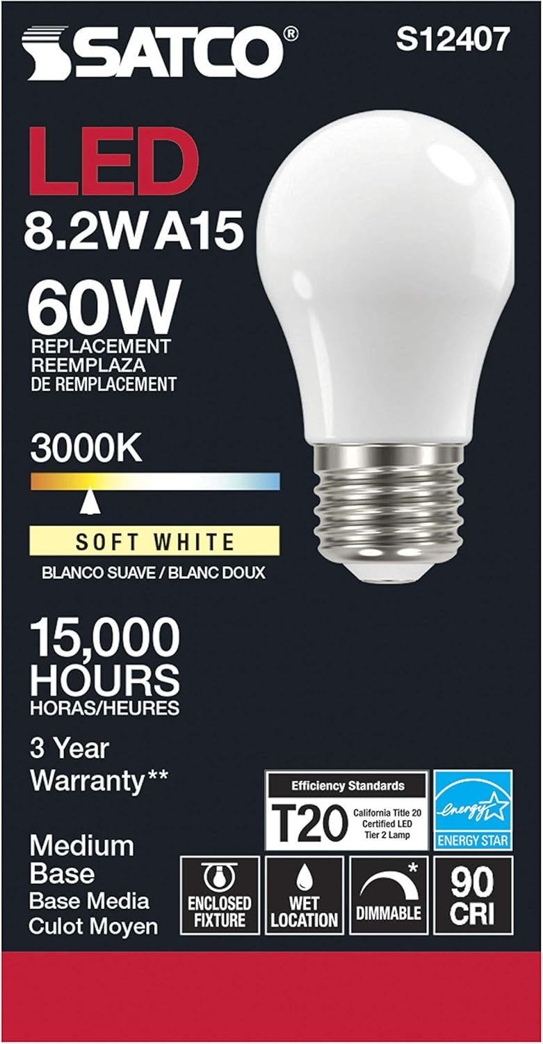 Satco (6 Pack) Dimmable Led Filament Lamps, S12407, High Lumens, 8.2 Watt, A15; Soft White; Medium Base; 3000K; 90 CRI; 120 Volt for use at Residential, Hospitality, Display and Commercial