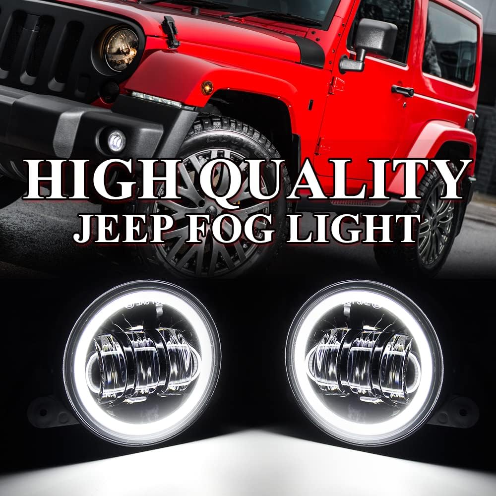 OPP ULITE Jeep Led Fog Lights 4 Inch 42W 2PCS Driving Fog Light Lamp with White Halo Ring Angel Eyes DRL for Jeep Wrangler JK Dodge Chrysler Cherokee (4D)