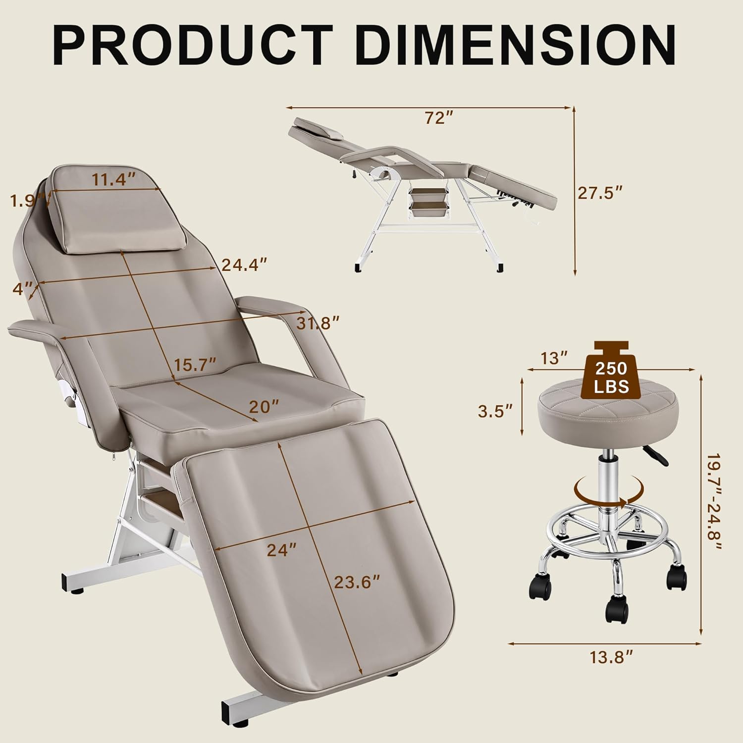 Tattoo Chair for Client with Rolling Stool, Tattoo Bed Table with Storage Baskets, Facial Chair Esthetician Bed, Lash Table Armchair for Eyelash Extensions,Gray(Modern, Grey)