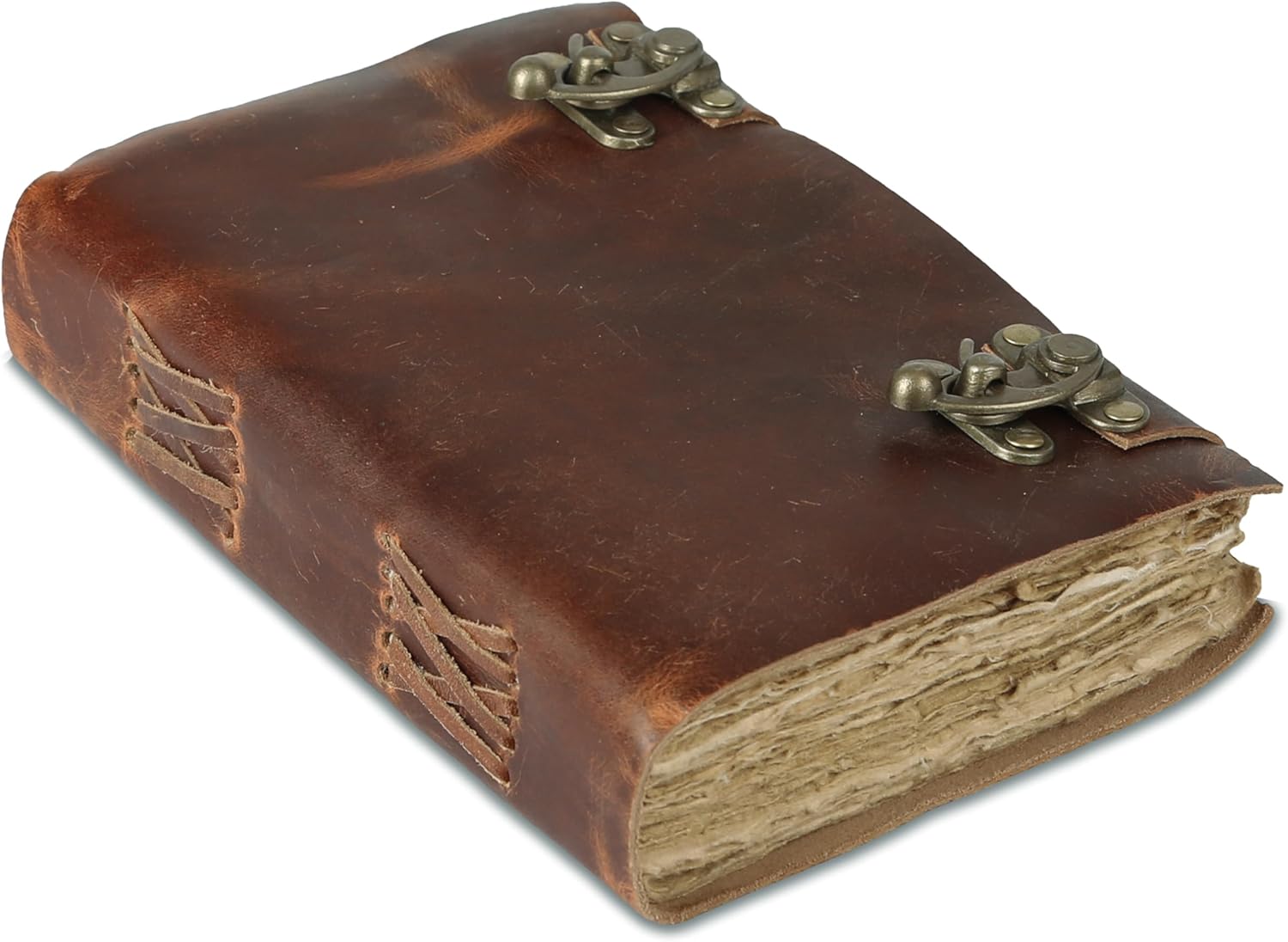 Handmade Leather Journal 8x5.5 Inch – Vintage Deckle Edge Paper Notebook with Double C-Locks | Unlined Antique Paper Diary for Writing, Sketching, Travel, Gifts