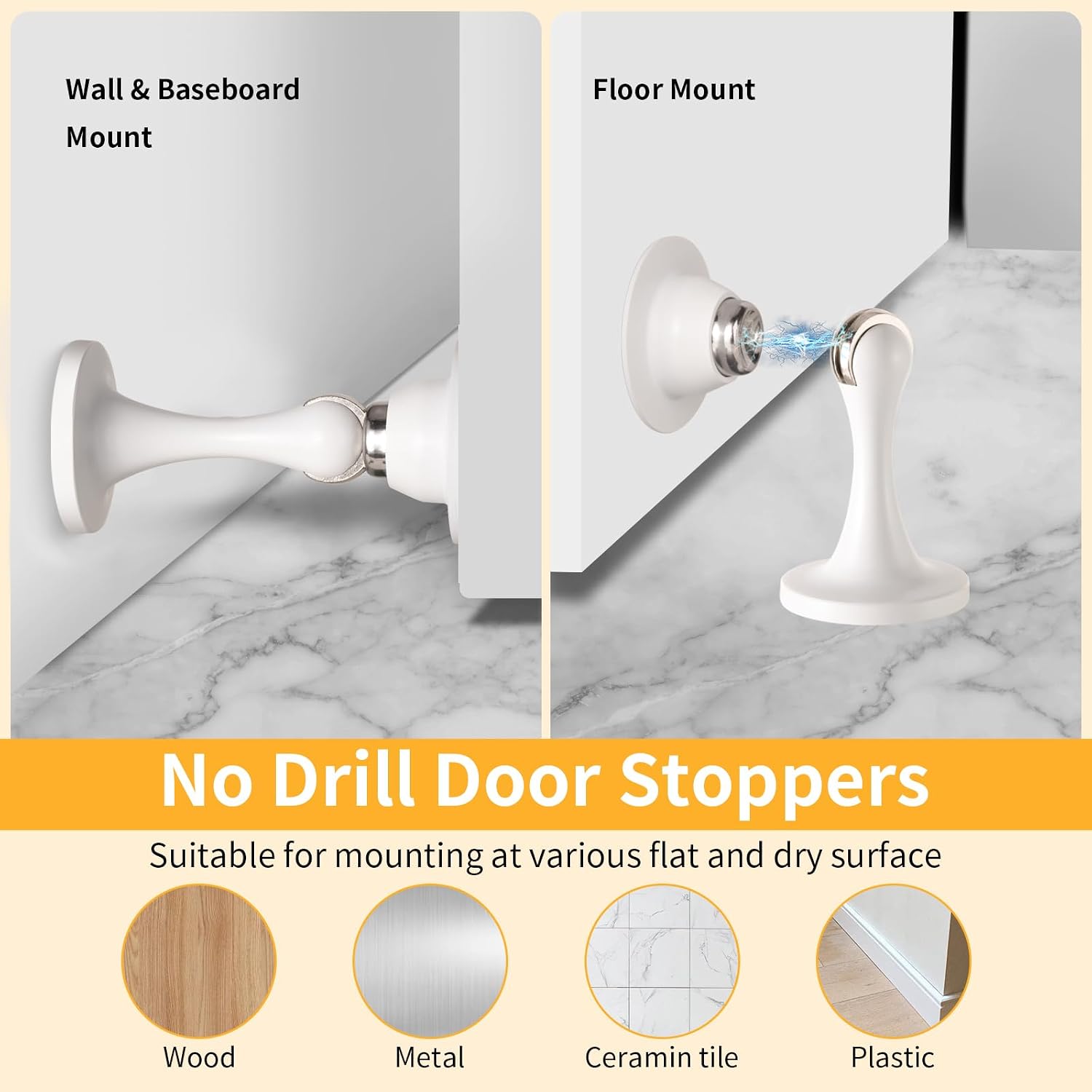 Bak Bo Magnetic Door Stopper, Strong Magnetic Door Holder Keep Door Open, Zinc Alloy Door Catch for Wall & Floor Mounting, No Drilling Door Stop with Adhesive (1 Pack White) image 4