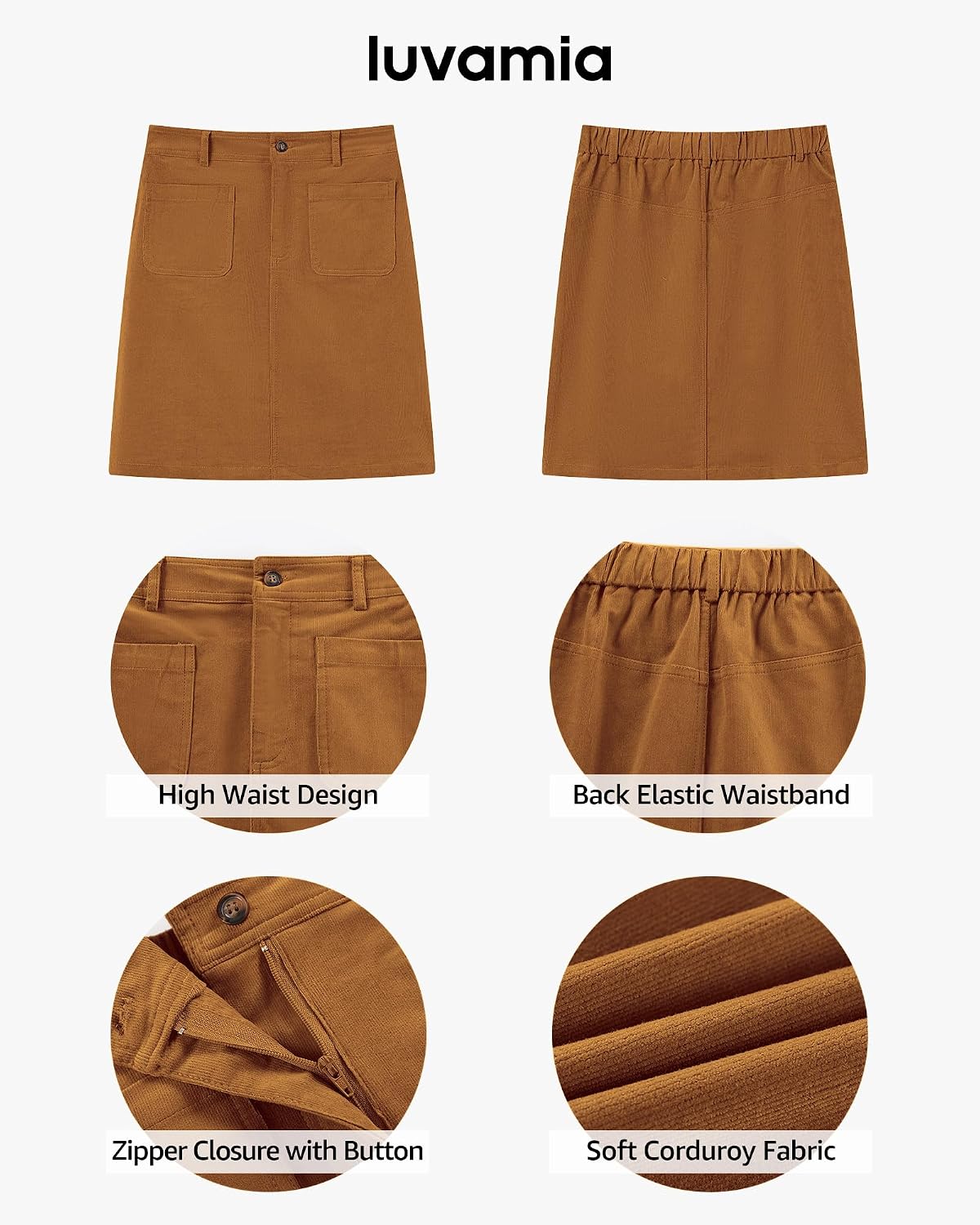 luvamia Corduroy Skirts for Women High Waisted Trendy Fall Elastic Waist Casual Stretchy Short Skirts with Patch Pockets