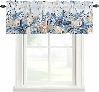 Navy Blue Coastal Valances for Windows, Valance Curtains for Kitchen, Bathroom, Bedroom, Starfish Eucalyptus Leaves Nautical Blue Rod Pocket Short Curtain 1 Panel, 42x12 in