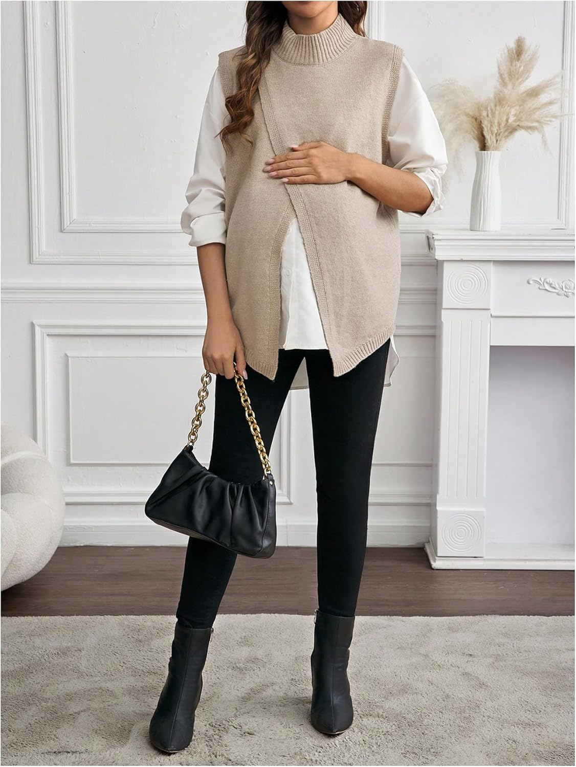 MakeMeChic Women's Maternity Sweater Vest Mock Neck Split Hem Sleeveless Fall Pregnancy Knit Top - Image 5
