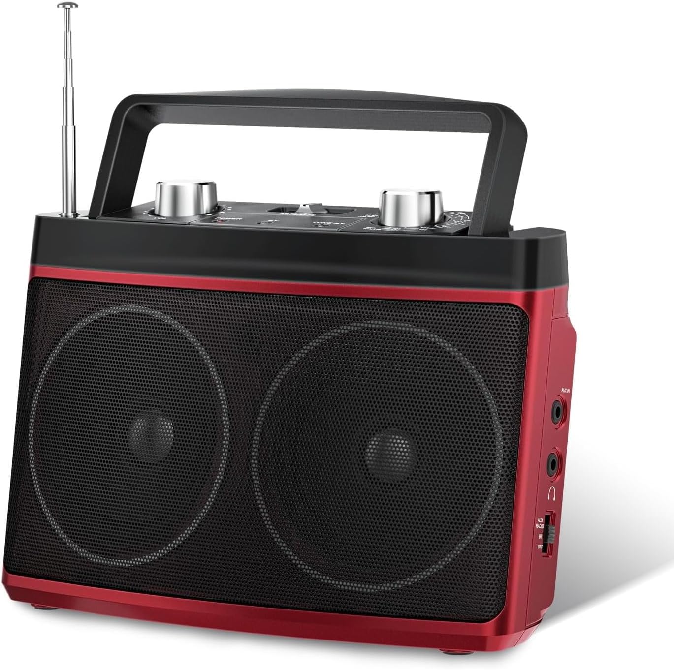 Portable Radio AM FM, Small Stereo Radio with Dual Speaker,Bluetooth 5.0, Battery Operated or Plug in Wall, Headphone Jack, Aux in,Suitable for Home, Office, Outdoor Red