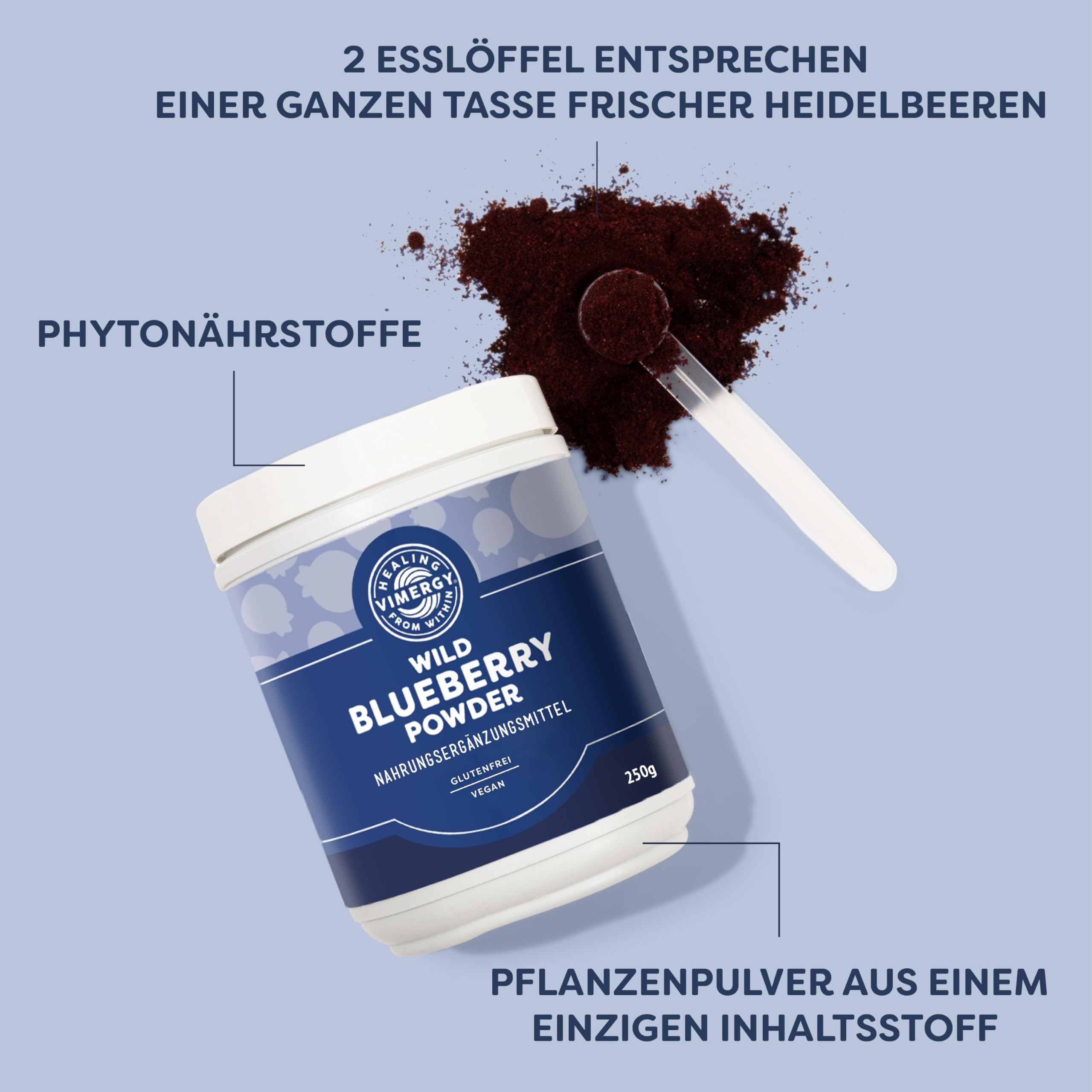 Vimergy Wild Heidelbeerpulver, 62 Portionen – Blaubeerpulver – Heidelbeerpulver von ganzen Beeren – Vegan – Ohne Zucker oder Füllstoffe – Gentechnik- und Glutenfrei (250 g)