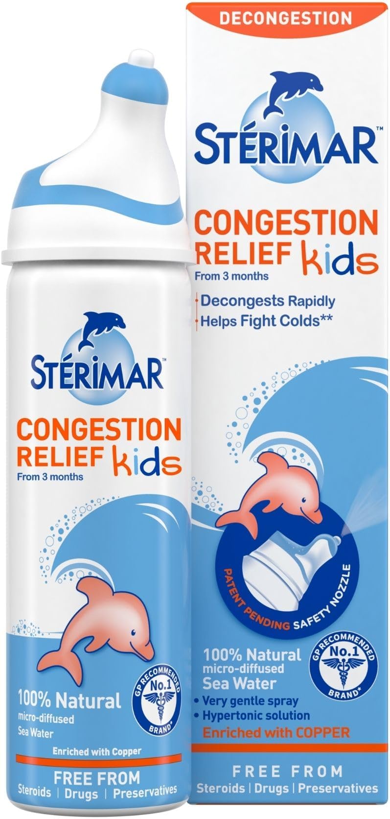 Sterimar Congestion Relief Kids, Nasal Spray, with Copper, Hypertonic, 100% Natural Sea Water, Free from Steroids, Drugs & Preservatives, For Children 3+ months, 50 ml
