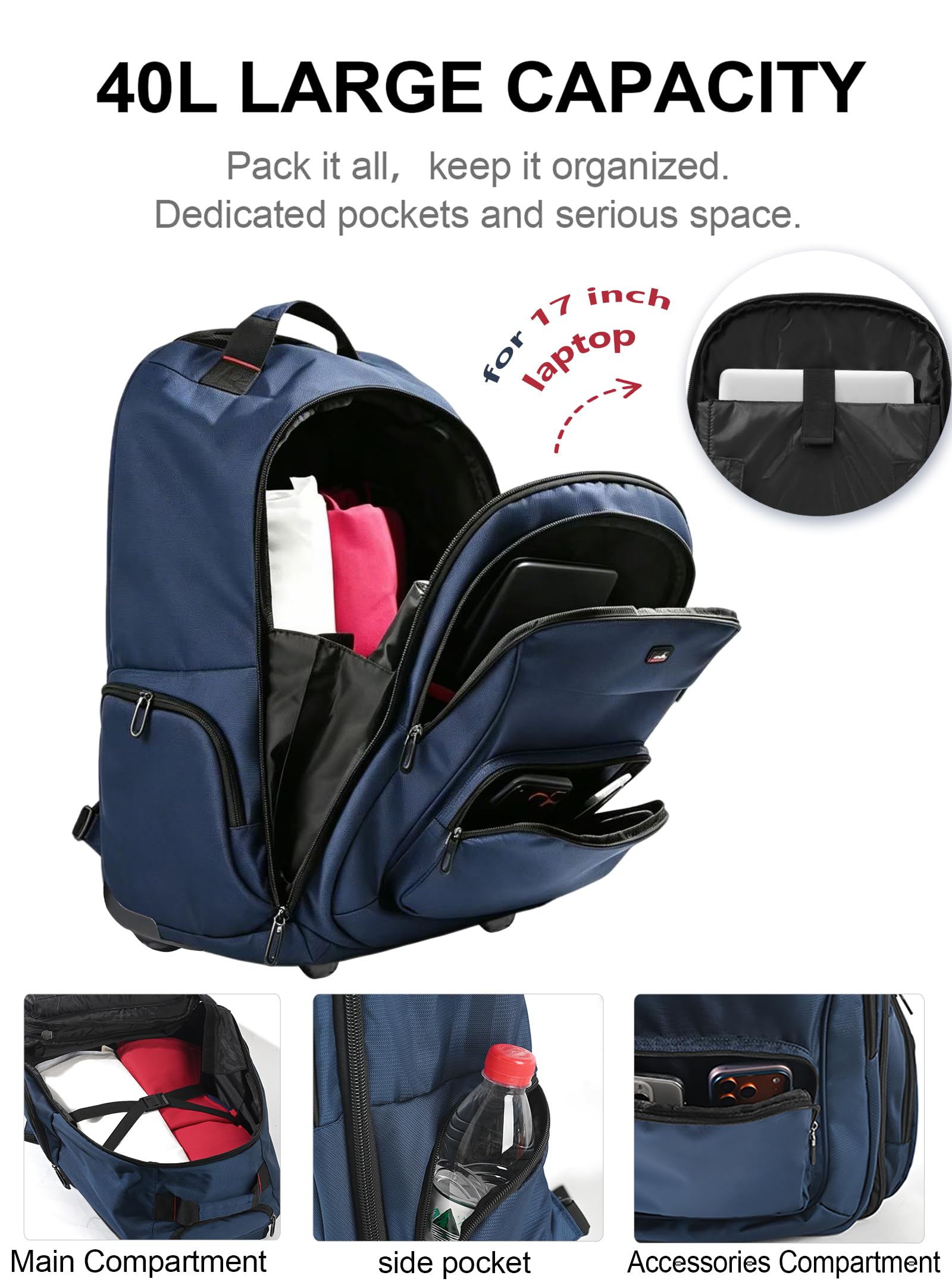 Rucksack mit Rollen, 40L 17.3 Zoll Trolley Handgepäck Laptop Reisetasche mit Rollen Groß Rucksack für Herren Arbeit, College, Blau