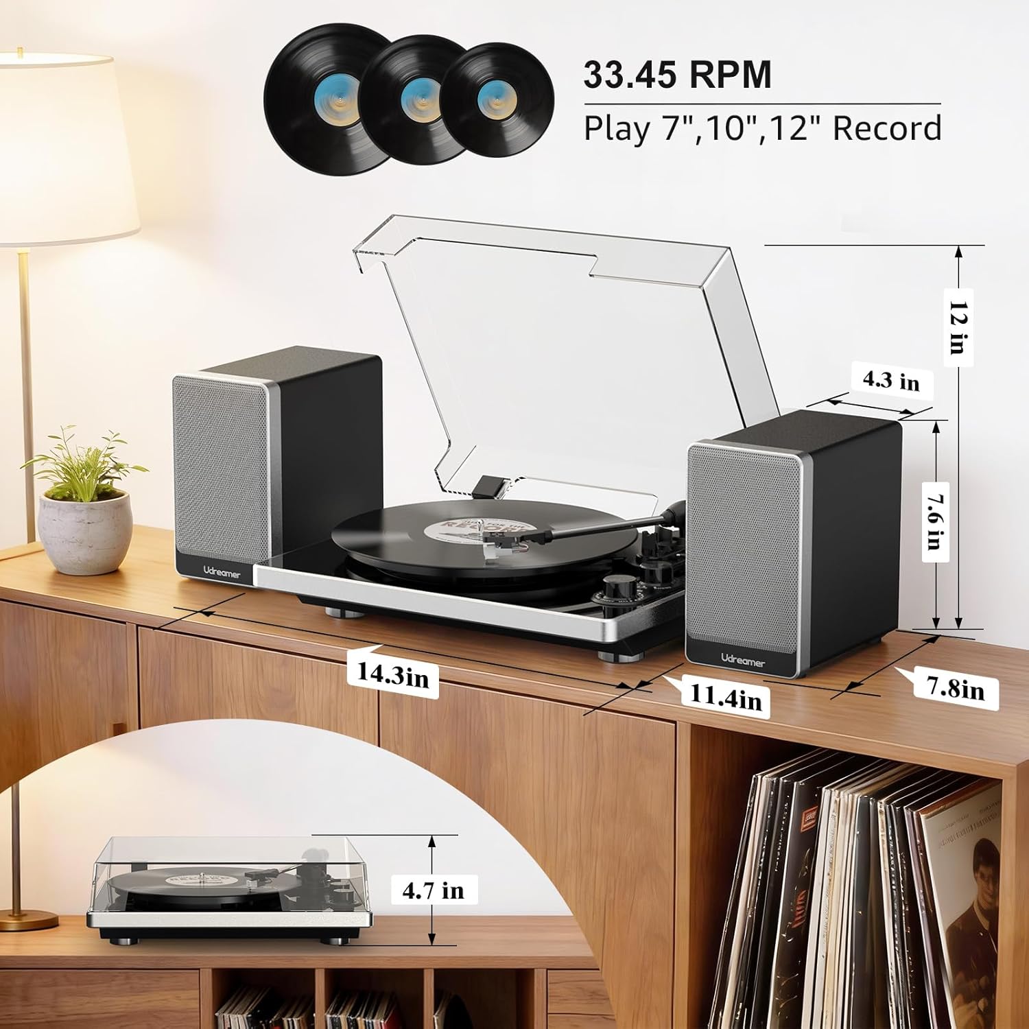 Viny Record Player with 2 External Speakers and 2 Bluetooth Modes,Turntable with ATN-3600 Stylus,Pitch,USB Recording,RCA and AUTO Stop for Vinyl Records