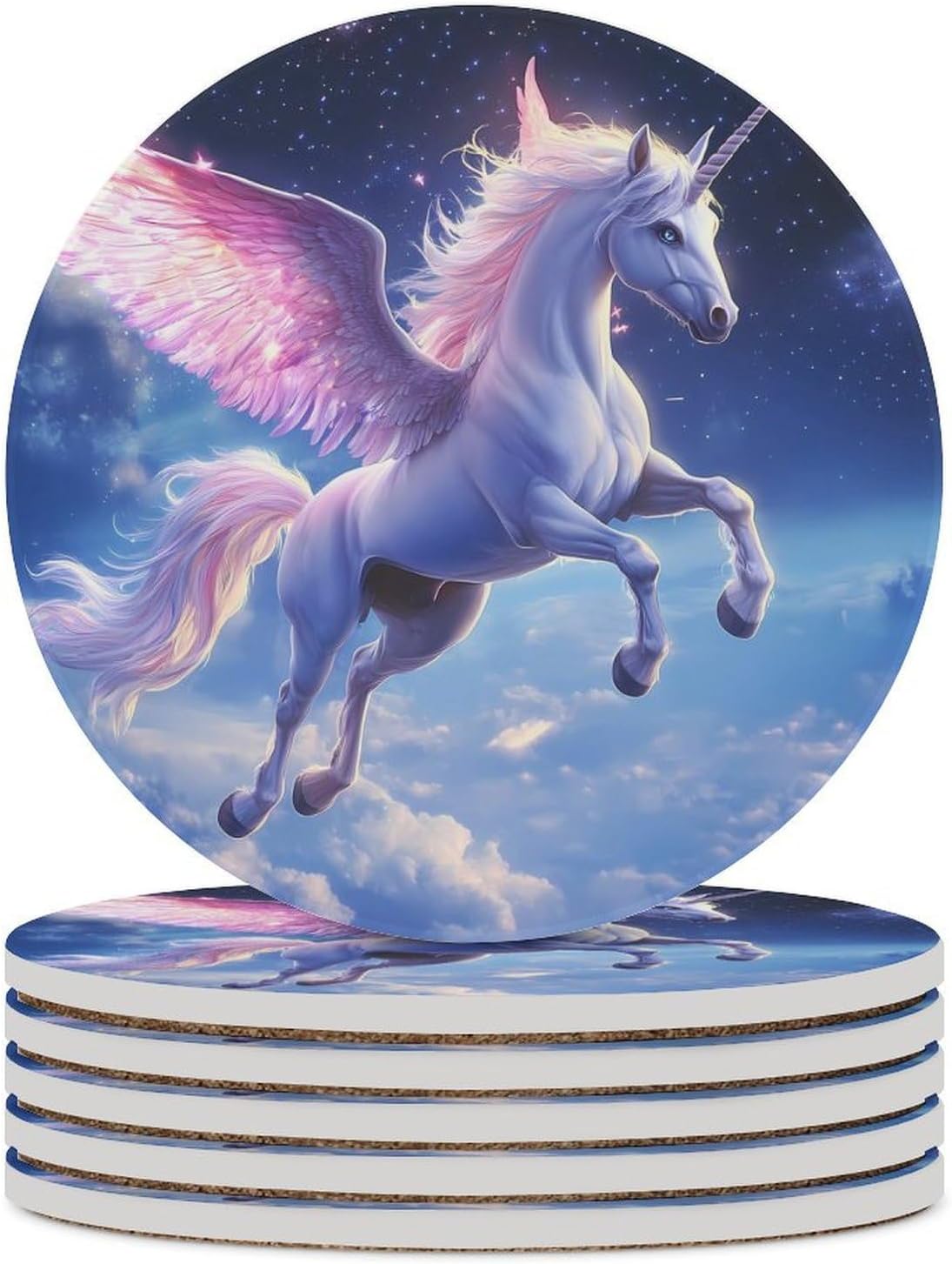 Flying Cute Unicorm Horse Round Ceramic Coasters Print Drinks Absorbent with Cork Base for Home Decor Gifts 4 Inch
