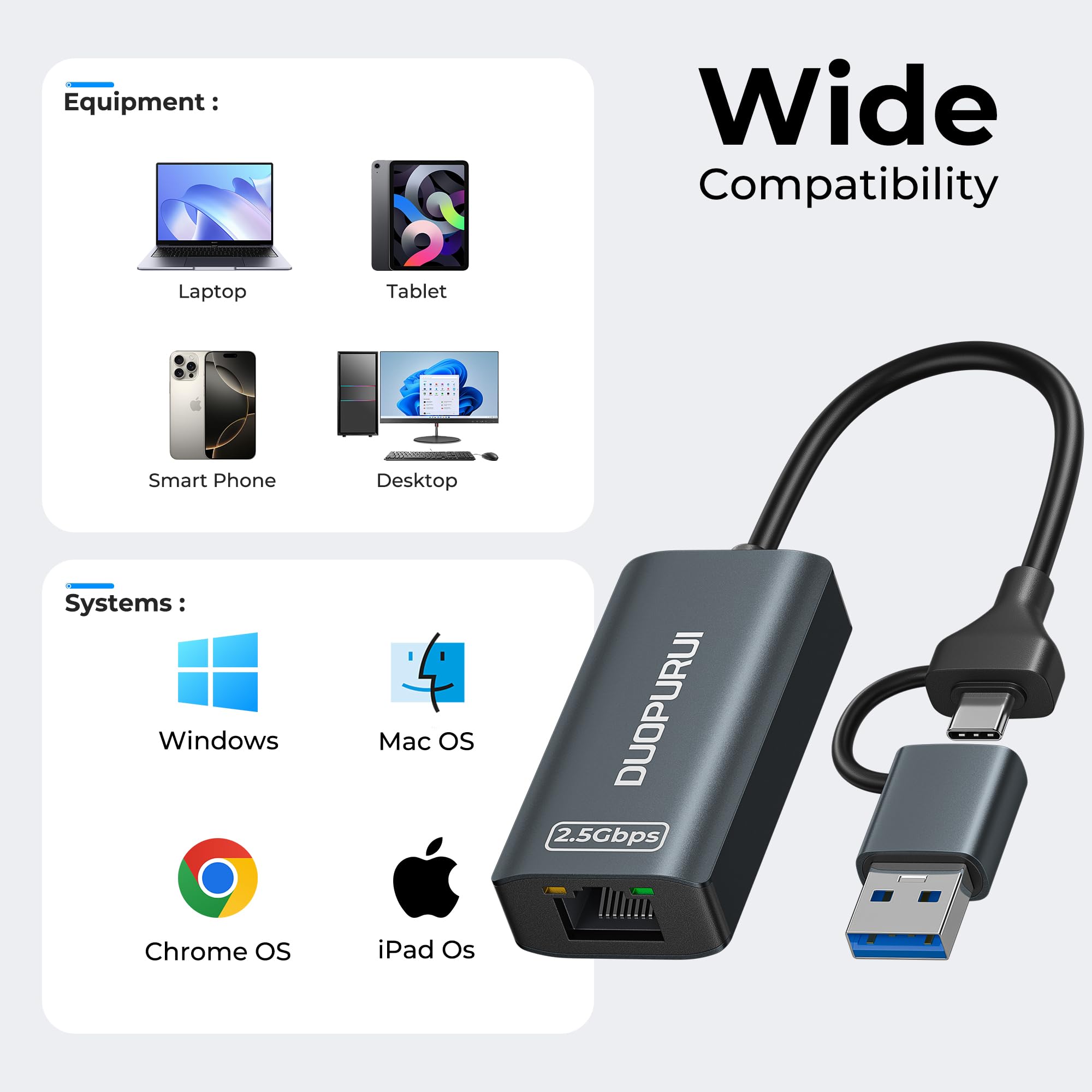 Adattatore da USB a Ethernet, adattatore di rete da USB C a RJ45 2.5 Gigabit LAN, custodia in alluminio, adattatore Ethernet per laptop, MacBook Pro/Air, Surface Pro, iPad, XPS, Windows 11/10