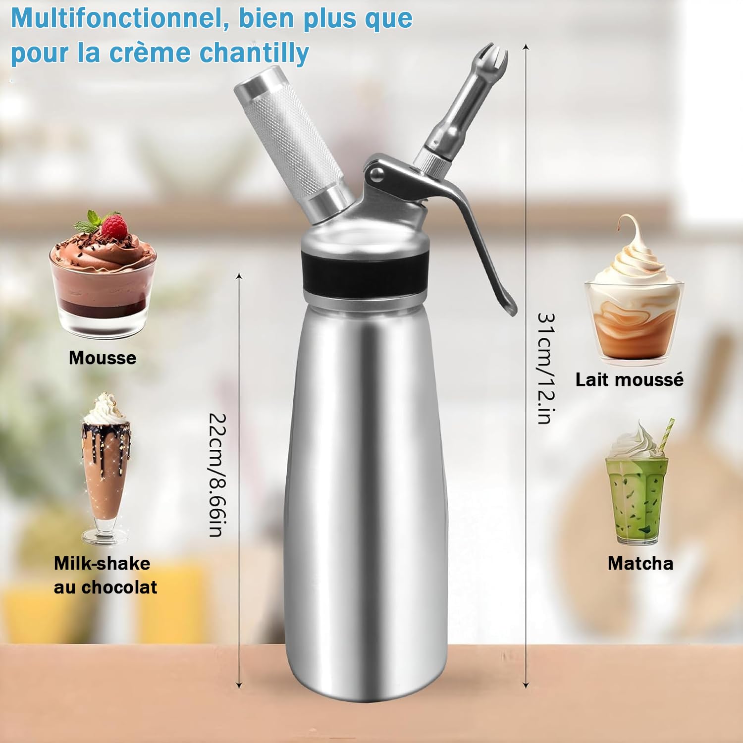 500 ML Siphon à Chantilly en Aluminium, Distributeur de Crème Fouettée avec 3 Douilles INOX, 3 Plastique et 2 Brosses de Nettoyage, pour Décorer Gâteaux, Pâtisseries et Desserts